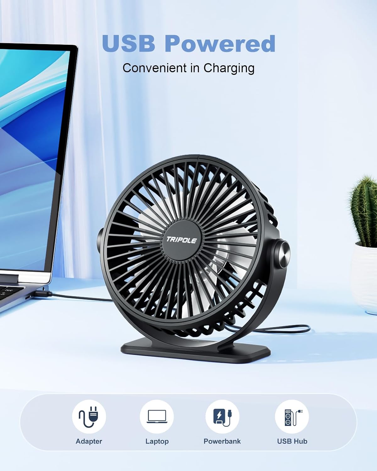 TriPole Mini Tischventilator USB 3 Geschwindigkeiten 360° Neigung leise