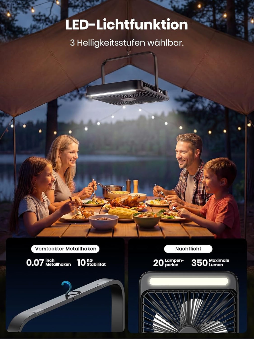 Warmco Akku-Ventilator 20000 mAh 27 cm mit Lampe, Display, Haken, USB