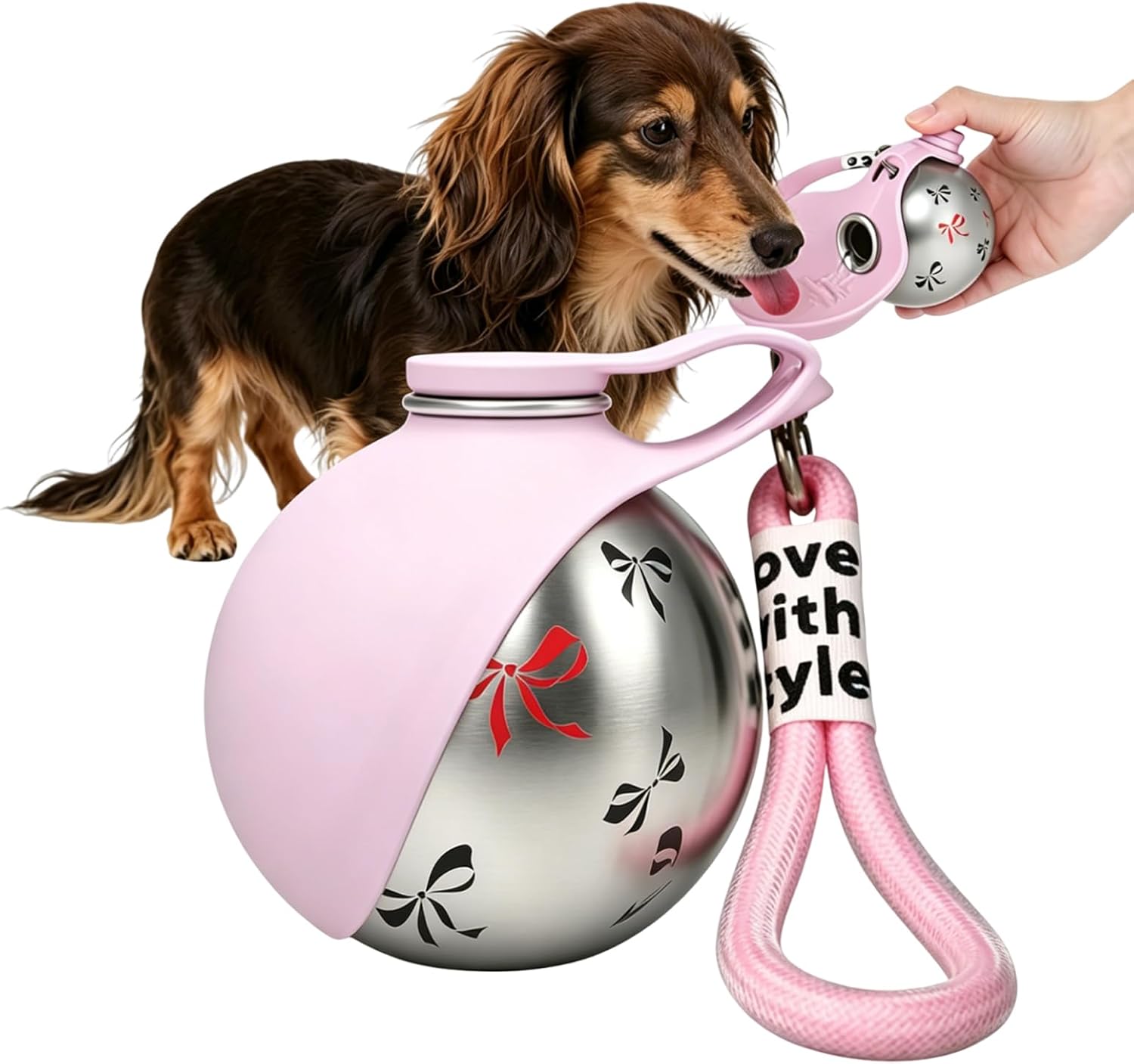 Hunde Trinkflasche Edelstahl mit faltbarem Silikonnapf Auslaufsicher Rosa