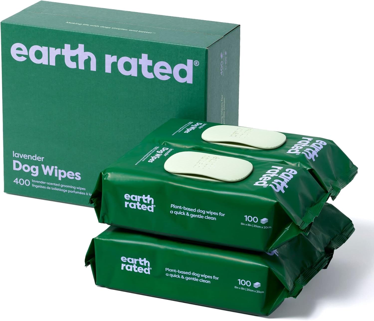 Earth Rated Pflegetuecher fuer Hunde Lavendel Duft 400 Stueck dicke Tuecher