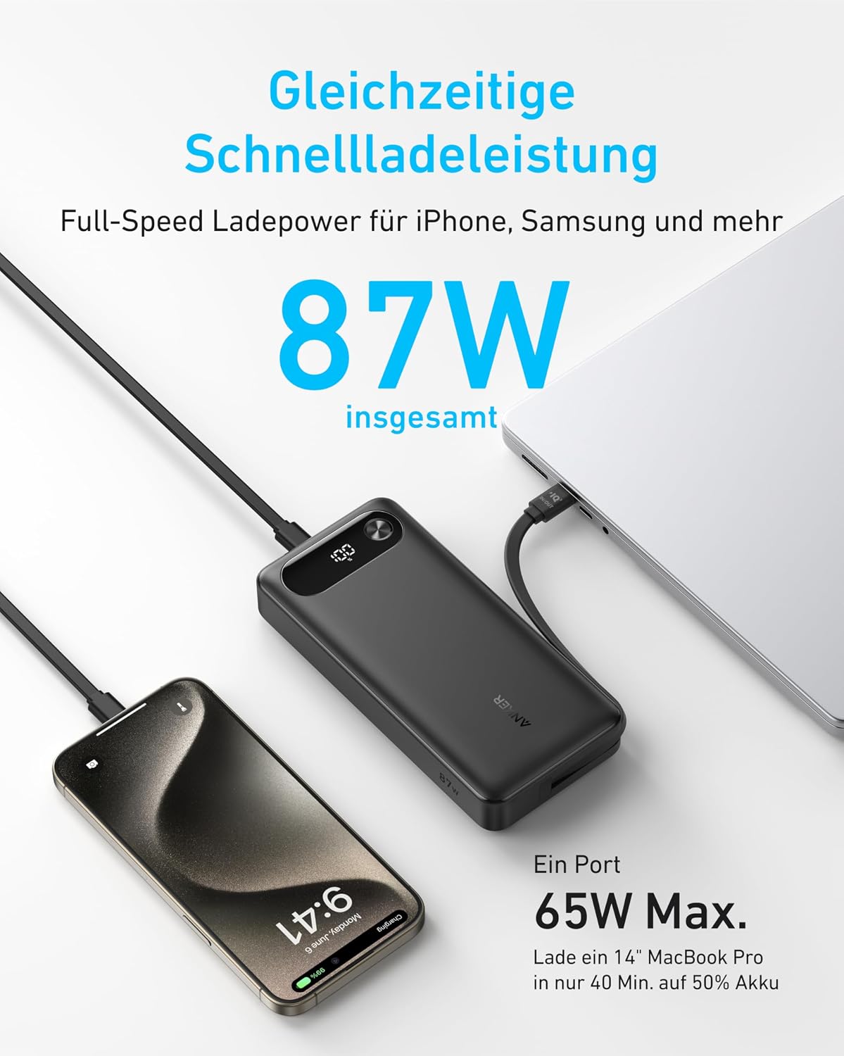 Anker Powerbank 20000 mAh 87W mit integriertem USB‑C Kabel, USB‑A, USB‑C
