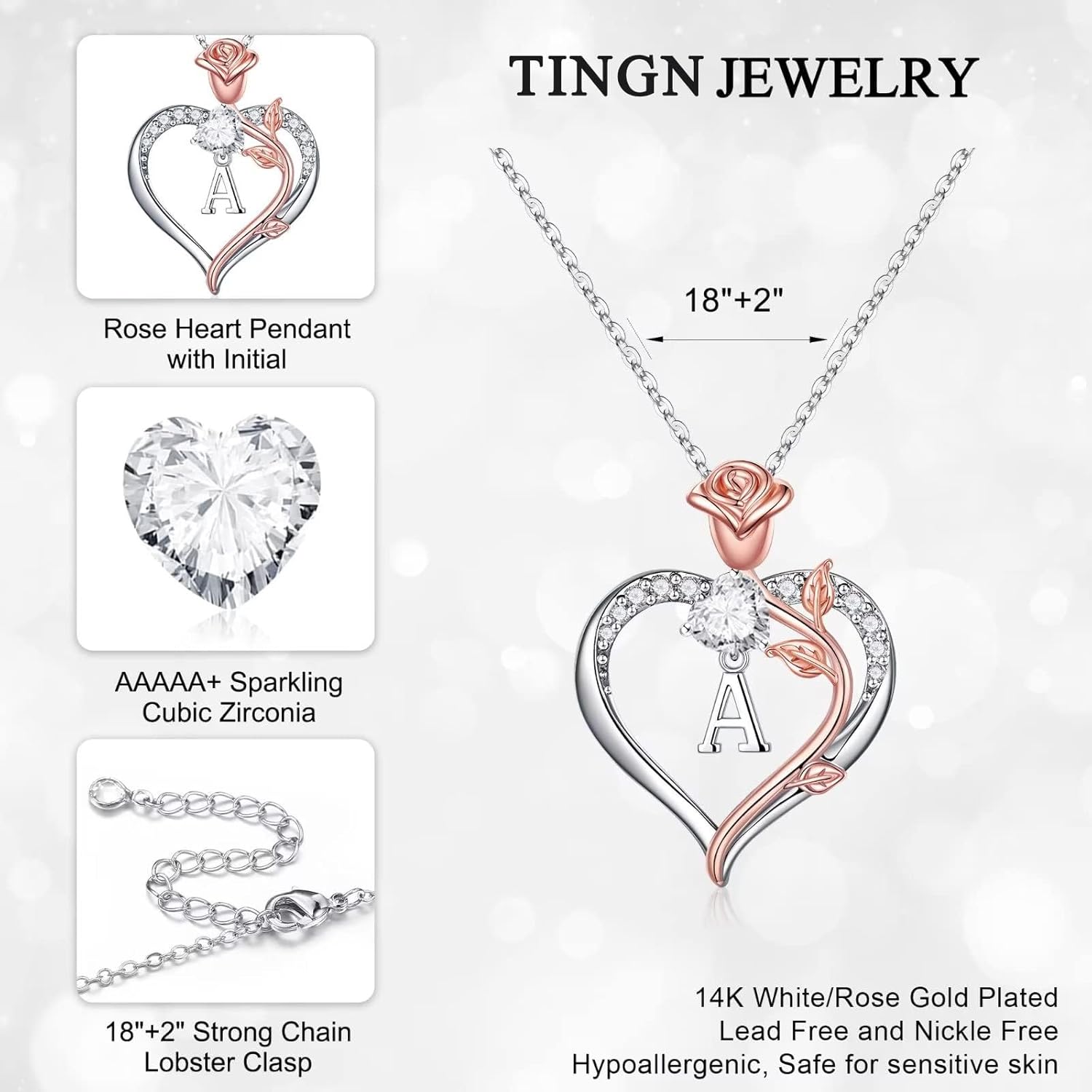 TINGN Rosen-Herz Halskette 14K Weissgold mit Zirkonia und Gravur Initialen