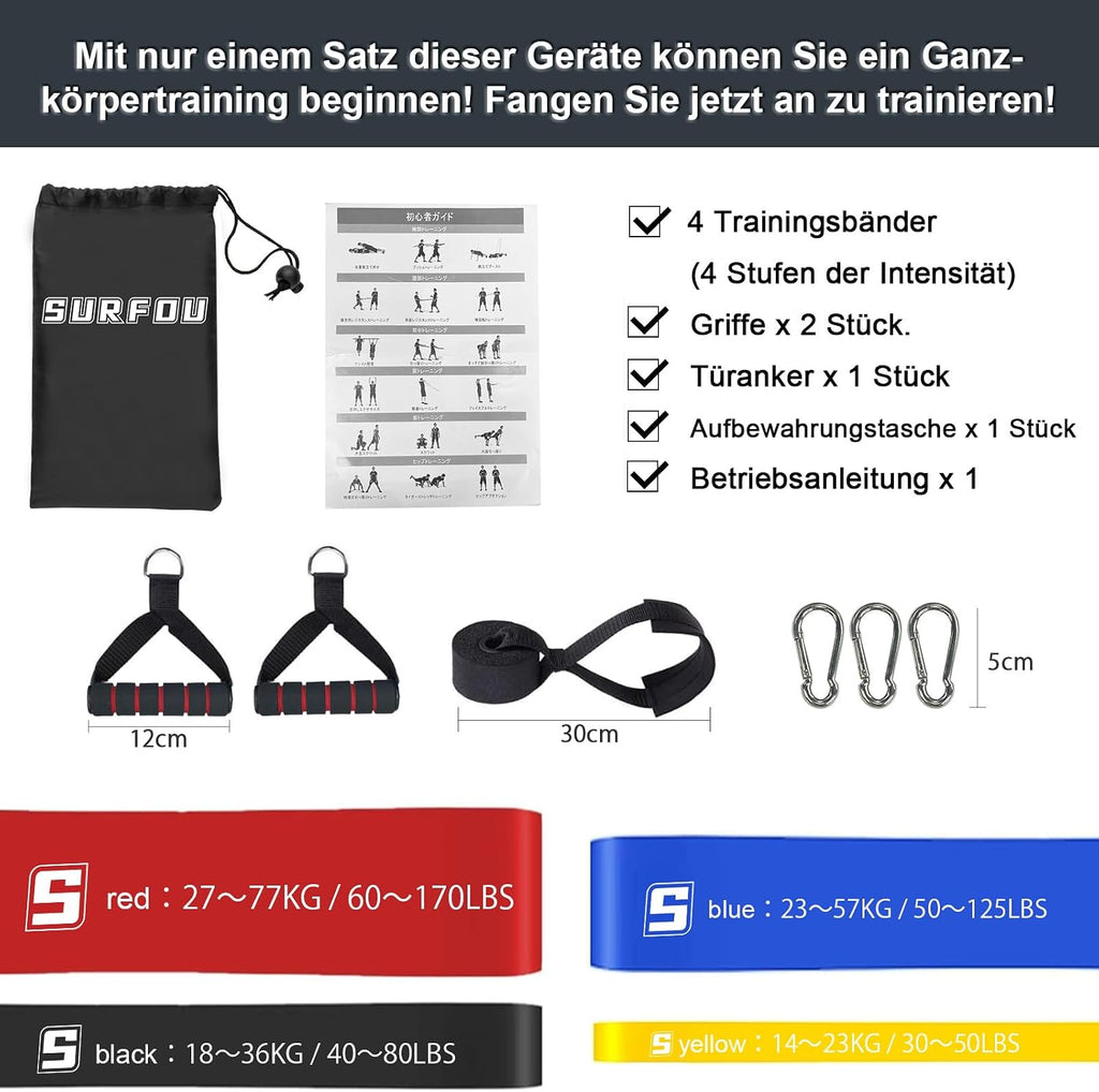 SURFOU Fitnessbaender Set 4 Widerstandsstufen mit Tueranker und Griffen