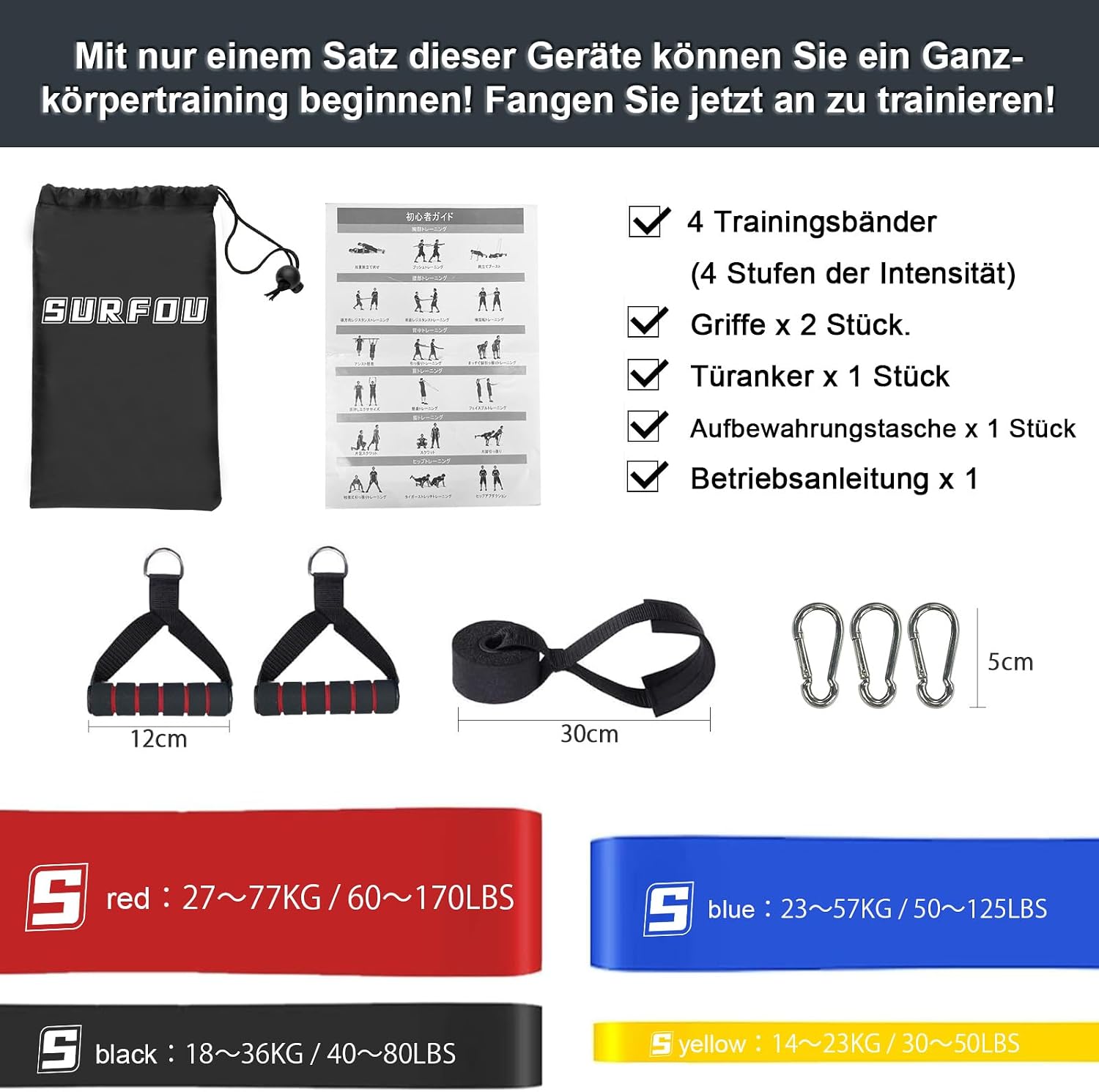 SURFOU Fitnessbaender Set 4 Widerstandsstufen mit Tueranker und Griffen