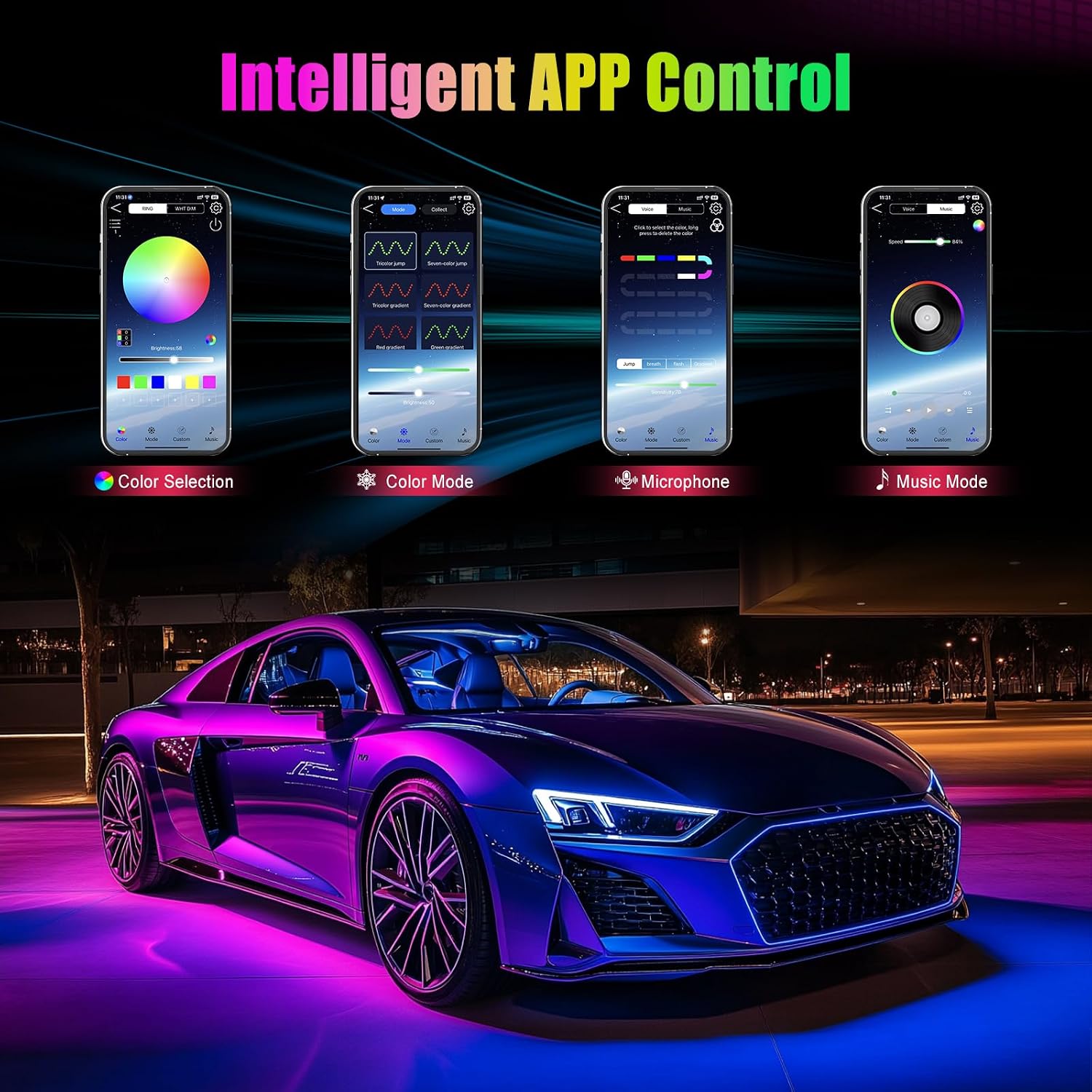 LED Ambientebeleuchtung Auto Innenraum mit App Steuerung 16 Mio Farben USB