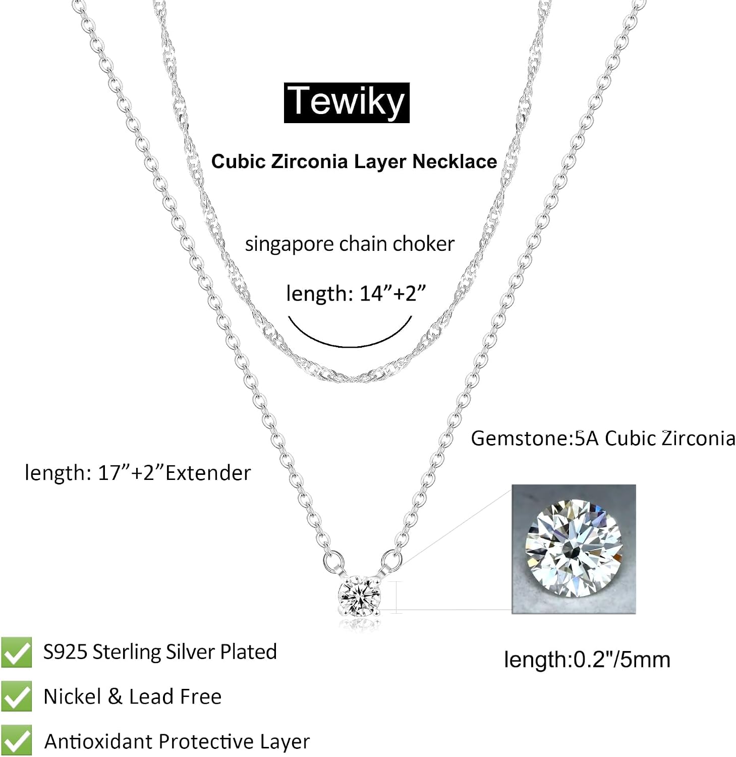 Tewiky Damen Layering Kette 14K Gold vergoldet Silber 925 Choker mit Zirkonia