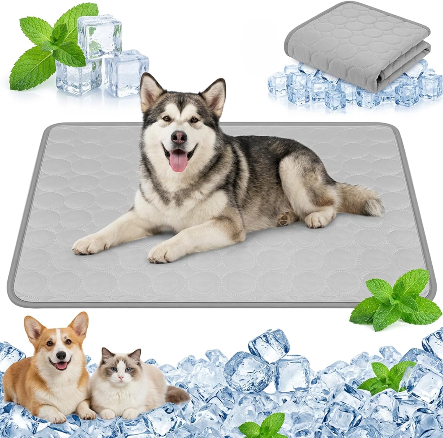 Qoosea Kuehlmatte fuer Hunde 50x40 cm grau, selbstkuehlend, faltbar, 4cm-100cm