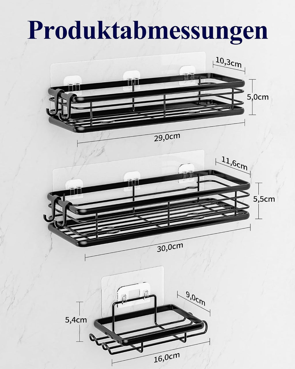 Duschablage selbstklebend 30cm Badregal ohne Bohren schwarz 2er Set