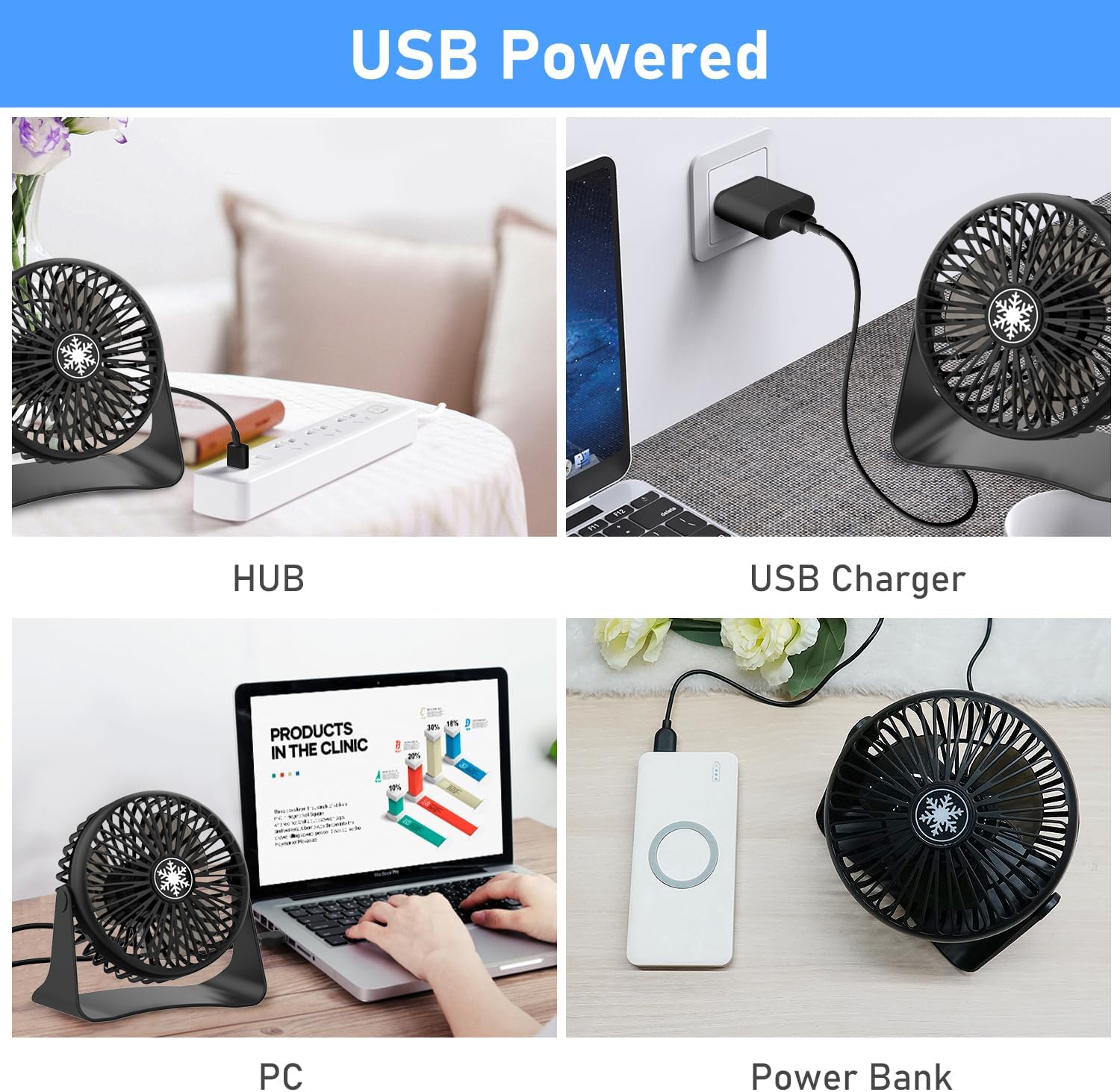 JATEKA Mini USB Tischventilator 3 Stufen 360° schwenkbar leise schwarz