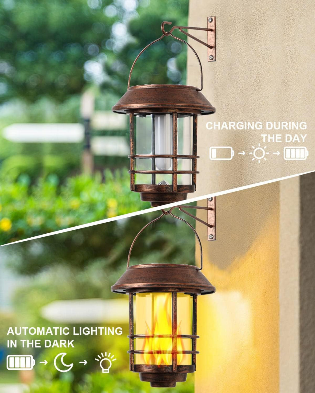 FLOWood Solar Gartenlaterne haengend mit Flammeneffekt IP65 Metall/Glas