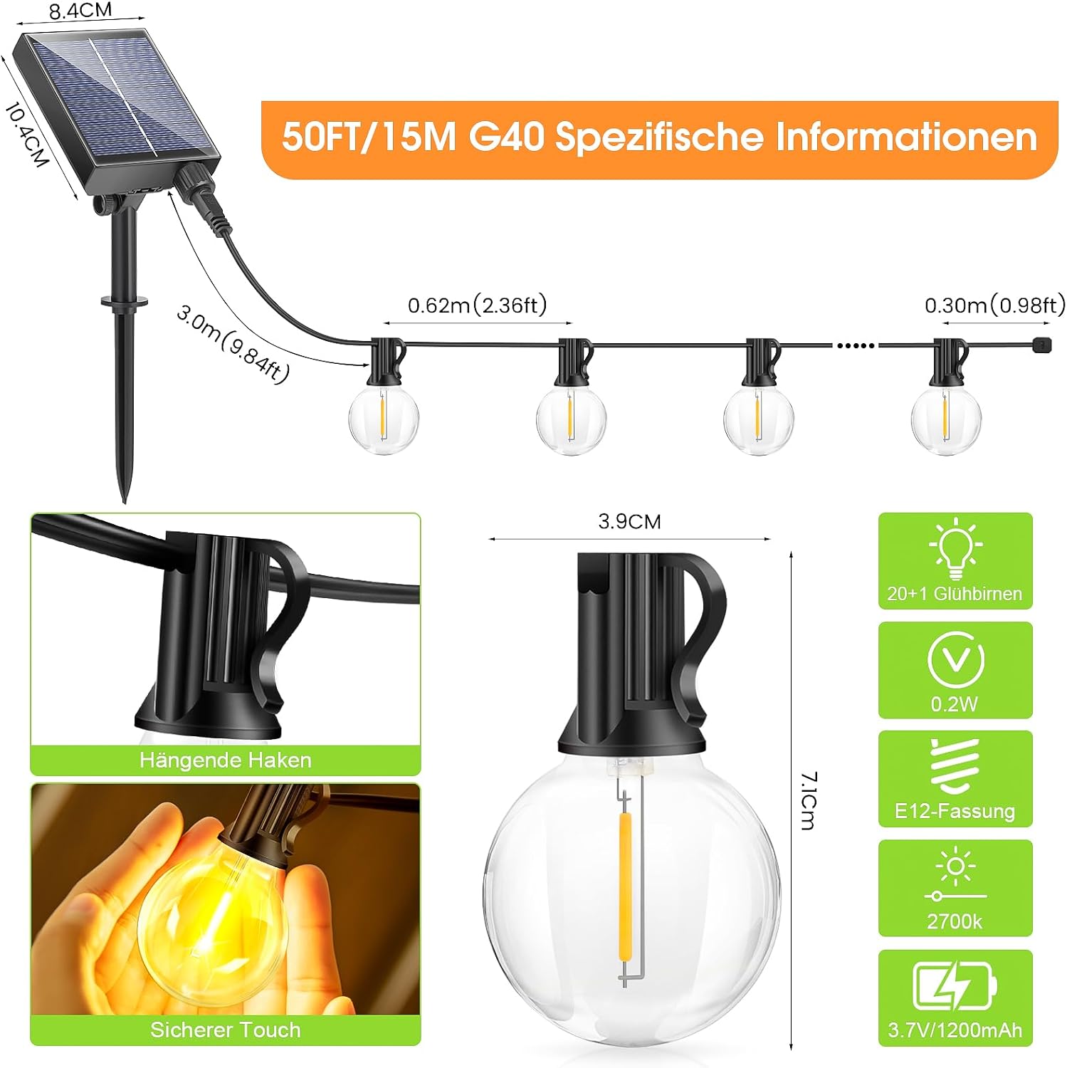 Solar Lichterkette aussen 15m G40 LED 21 Birnen dimmbar 8 Modi mit Fernbedienung