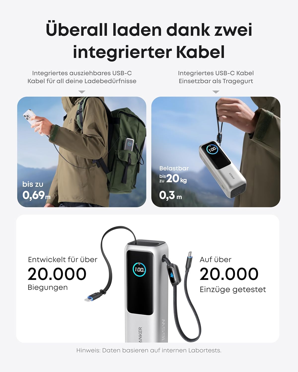 Anker 165W 25000mAh Powerbank mit 3x USB‑C, 70cm Kabel, Trageband