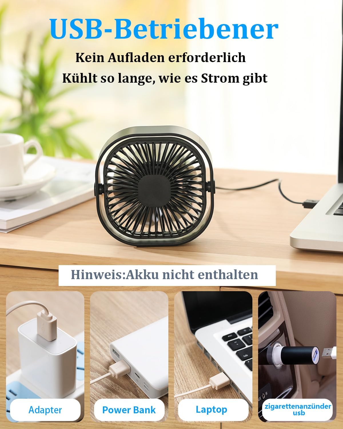 benpen Mini USB Tischventilator leise 3 Stufen, kompakt fuer Schreibtisch