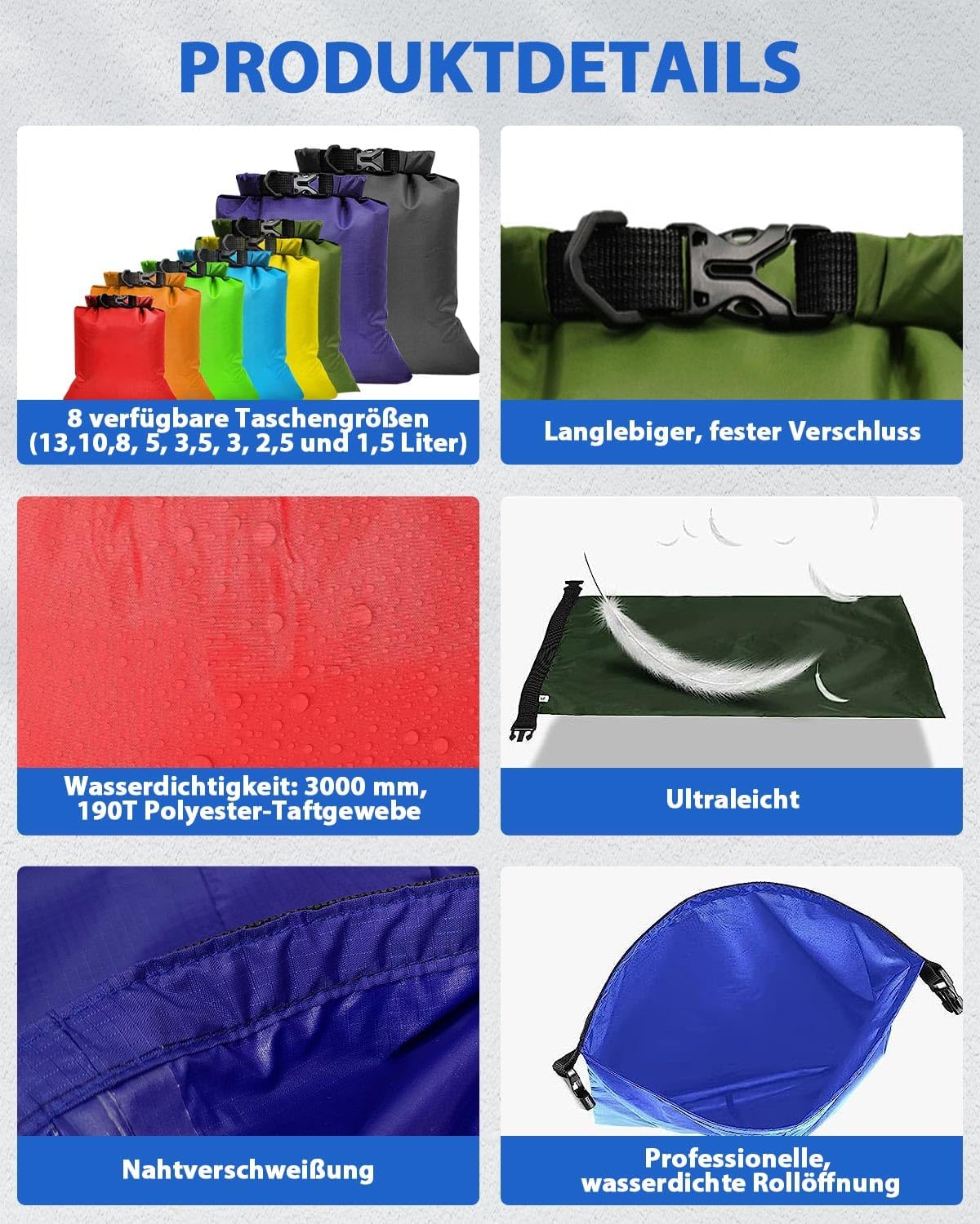 Victoper 8er Set wasserdichte Packsaecke 1.5-12 L - Dry Bag fuer Kajak, Wandern, C
