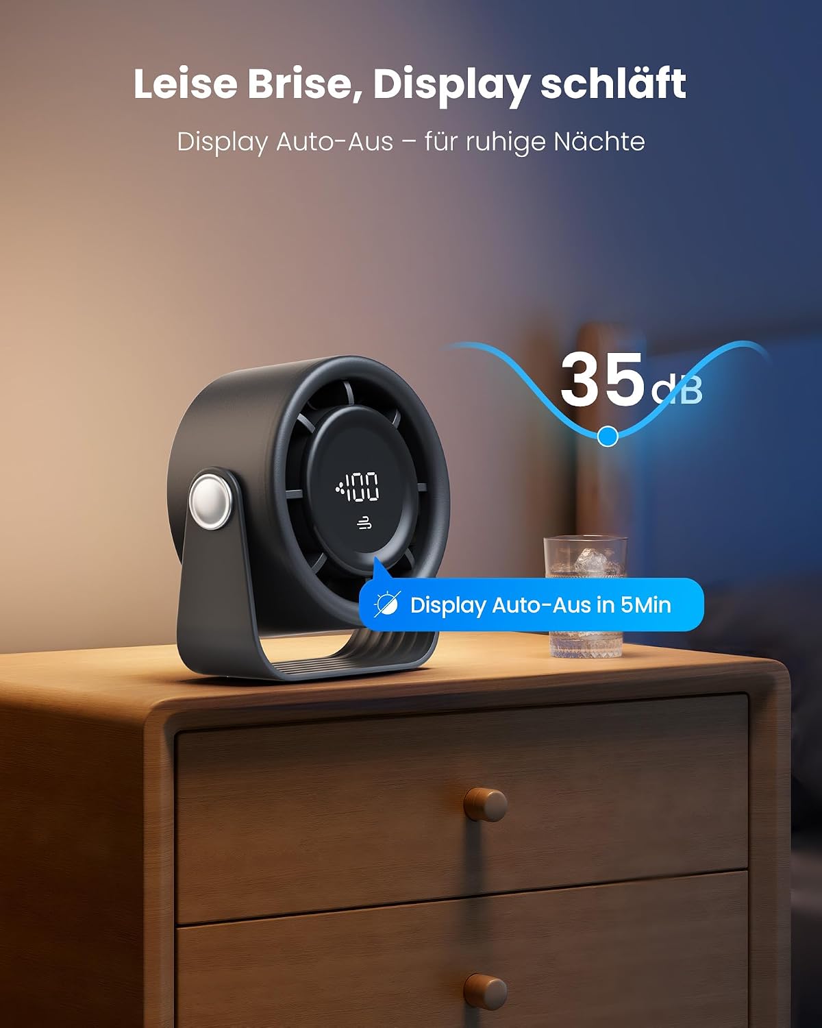 Gaiatop Akku Tischventilator USB 5 Stufen 360° neigbar Touch-Display Schwarz