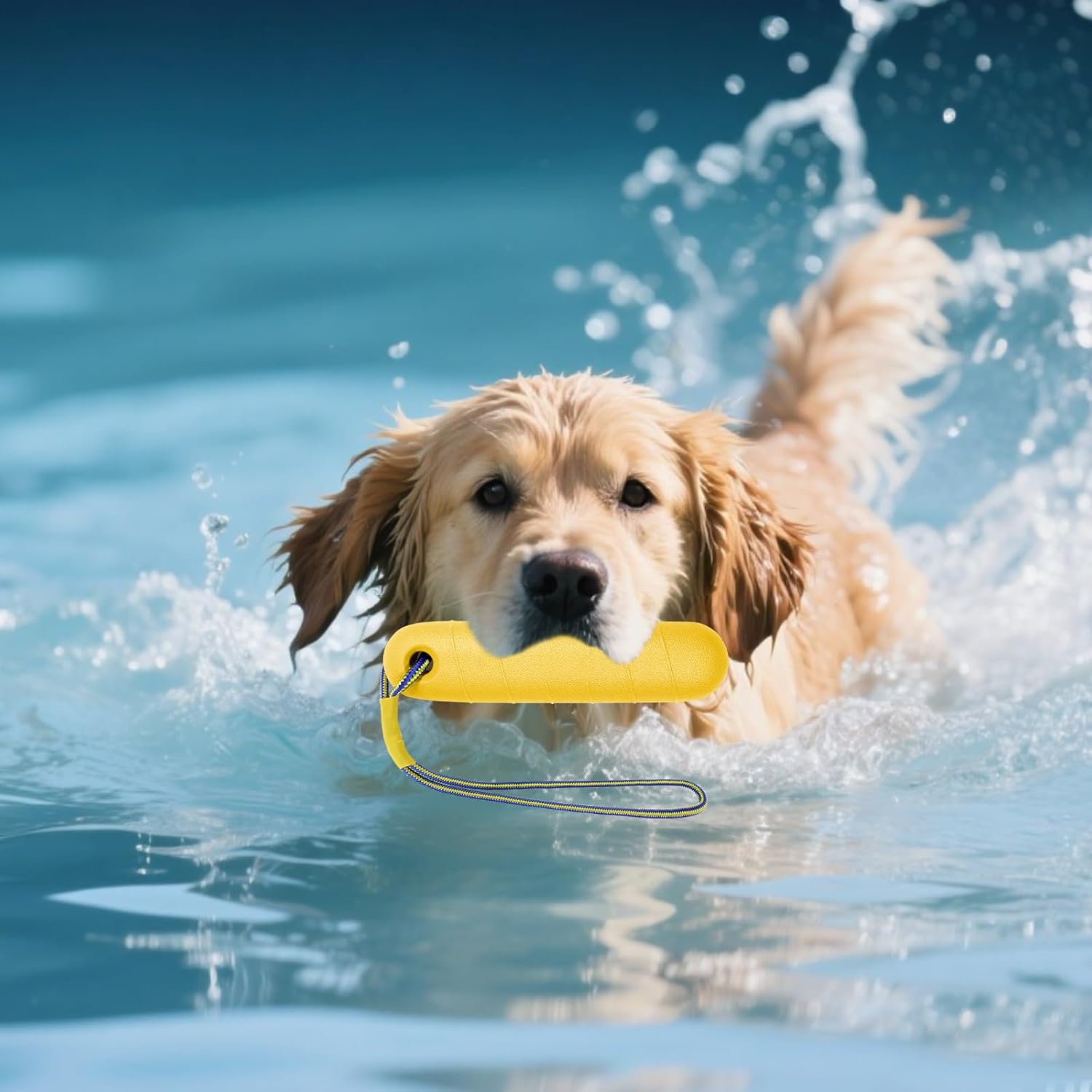 Wasserspielzeug Hund 22 cm mit Nylonseil fuer mittelgrosse und grosse Hunde Gelb