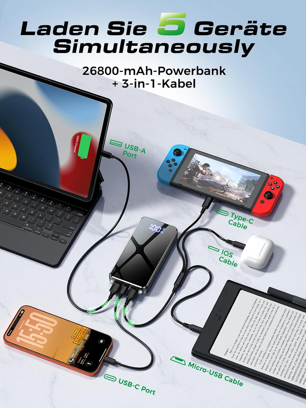 Powerbank 26800 mAh 22,5W USB-C mit LED Display Externer Akku fuer iPhone Galaxy