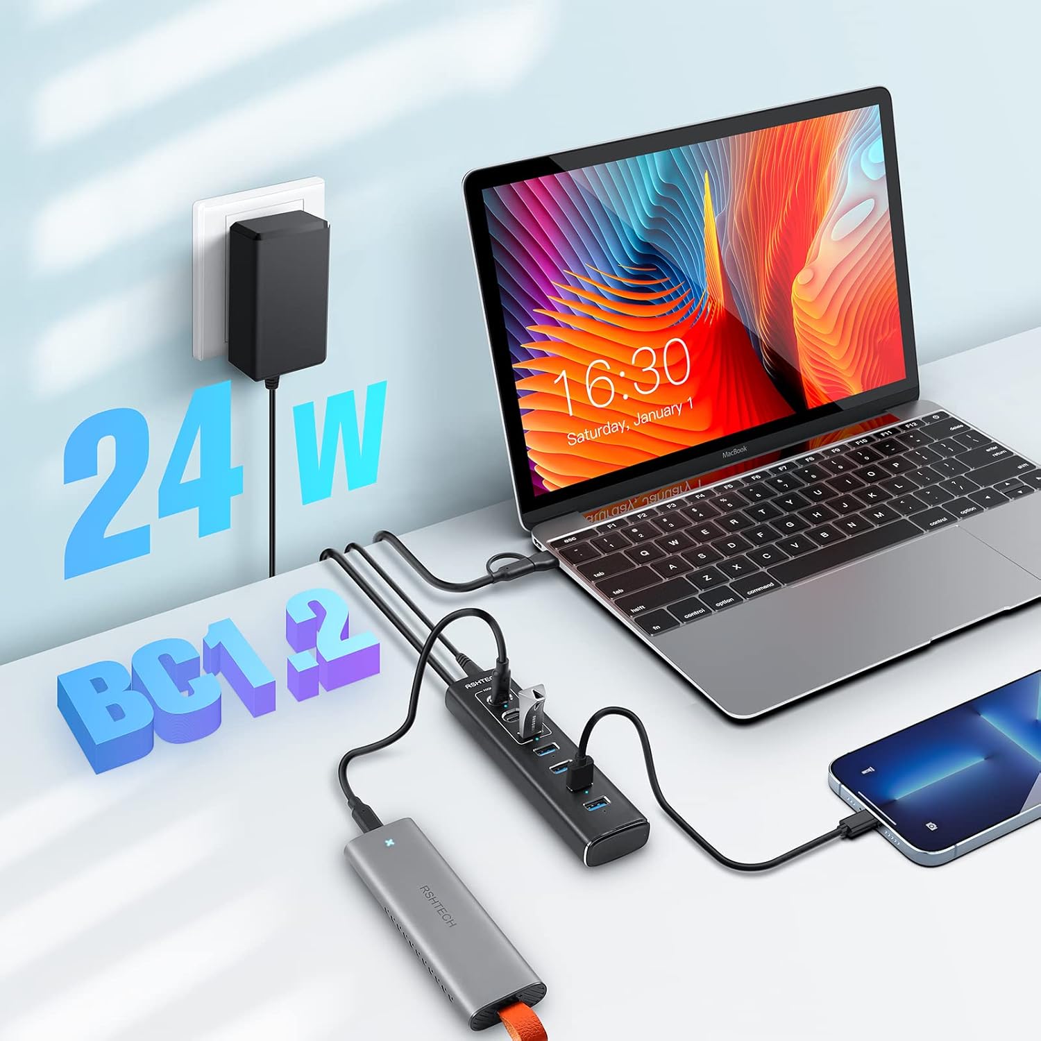 RSHTECH USB‑C Hub 7‑Port 10 Gbps mit Netzteil, USB Splitter Adapter