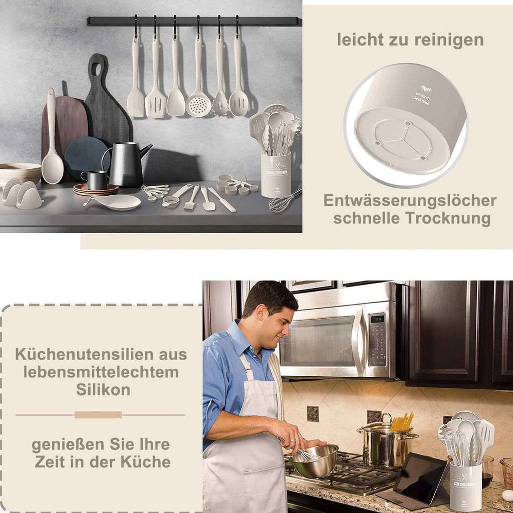 Silikon Kuechenhelfer Set 43-teilig schwarz hitzebestaendig mit Halter