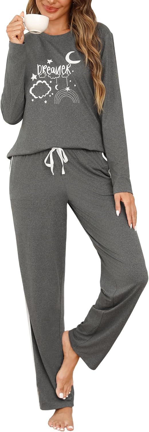 Damen Schlafanzug lang Baumwolle Pyjama Set mit Print und Taschen S-XXL