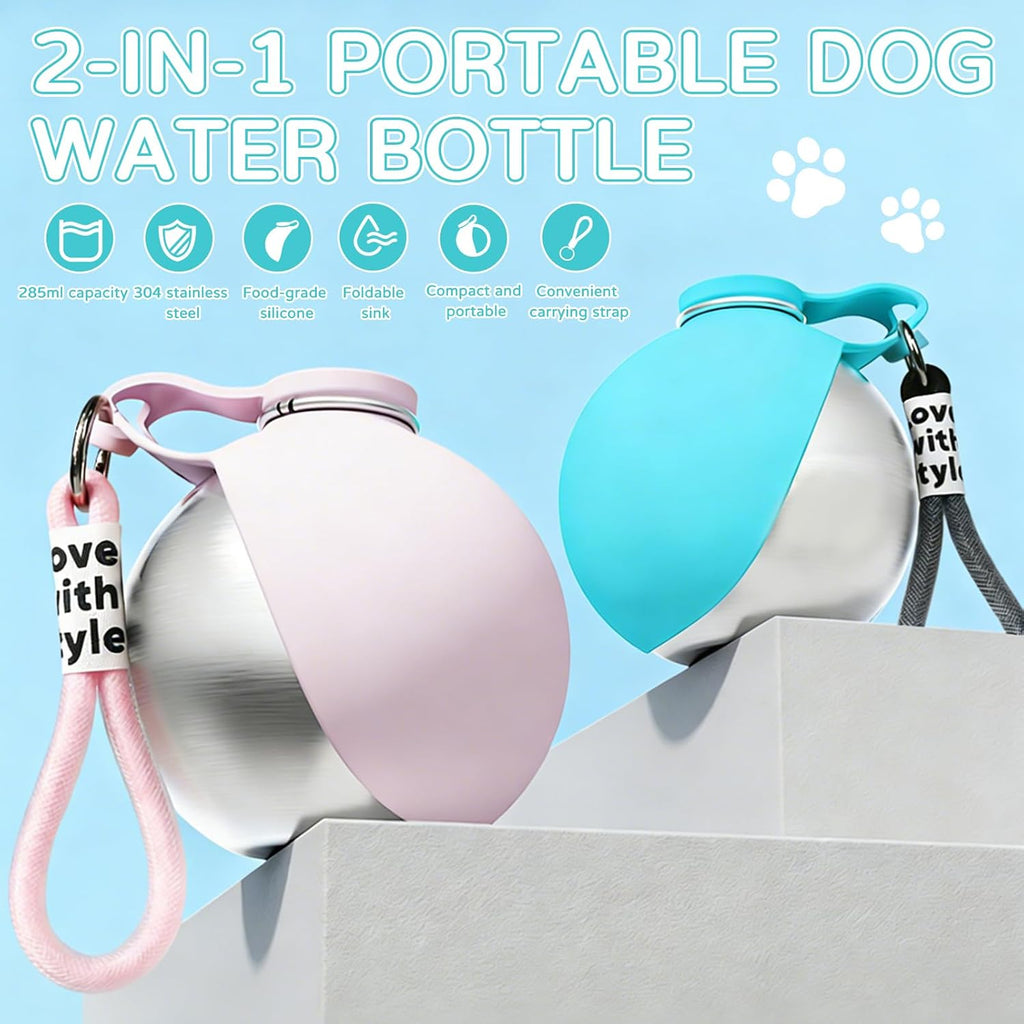 Tragbare Hundetrinkflasche Edelstahl mit faltbarem Silikonnapf Blau