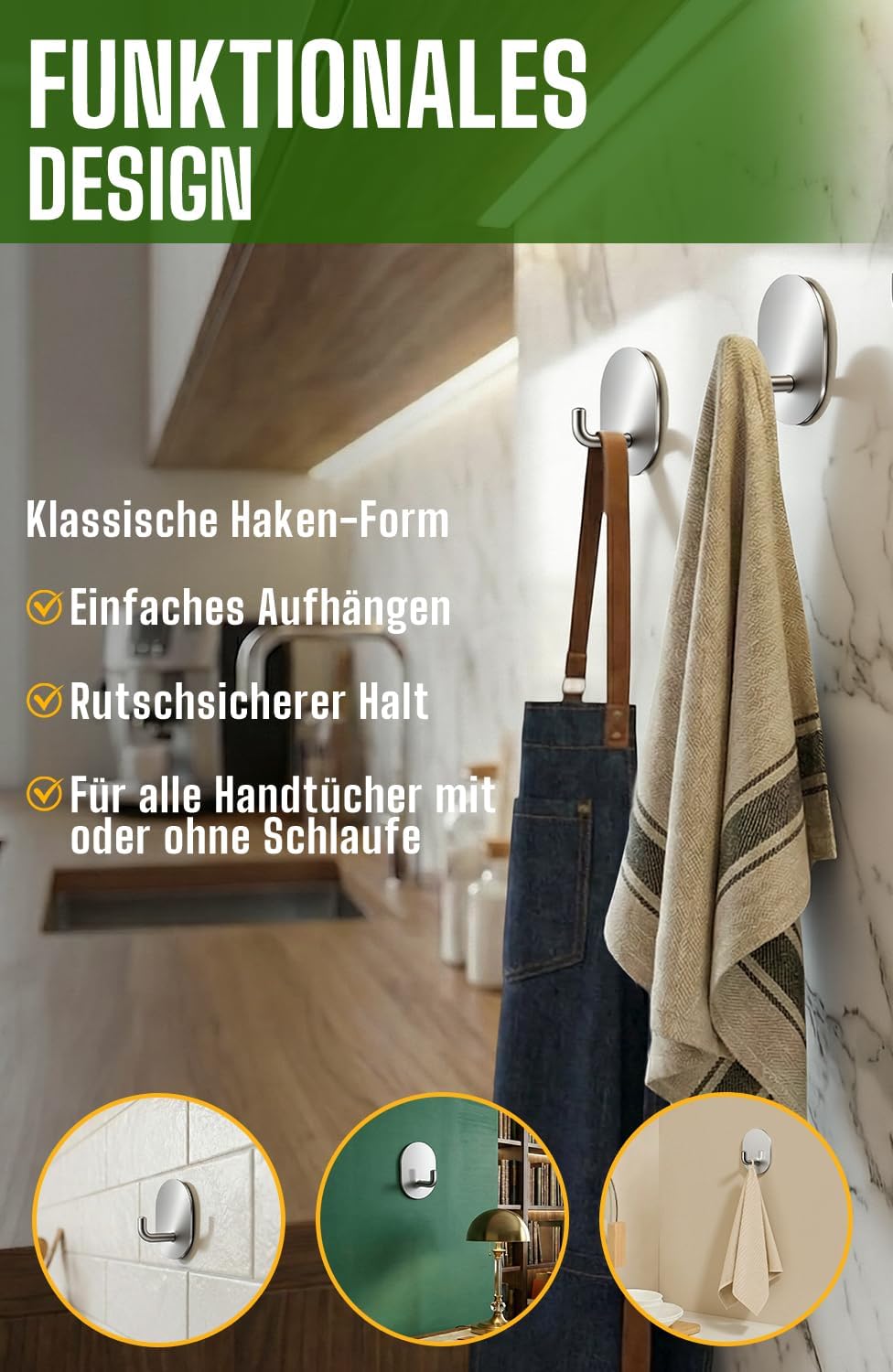 Handtuchhaken 6er Set Edelstahl schwarz selbstklebend fuer Bad Kueche