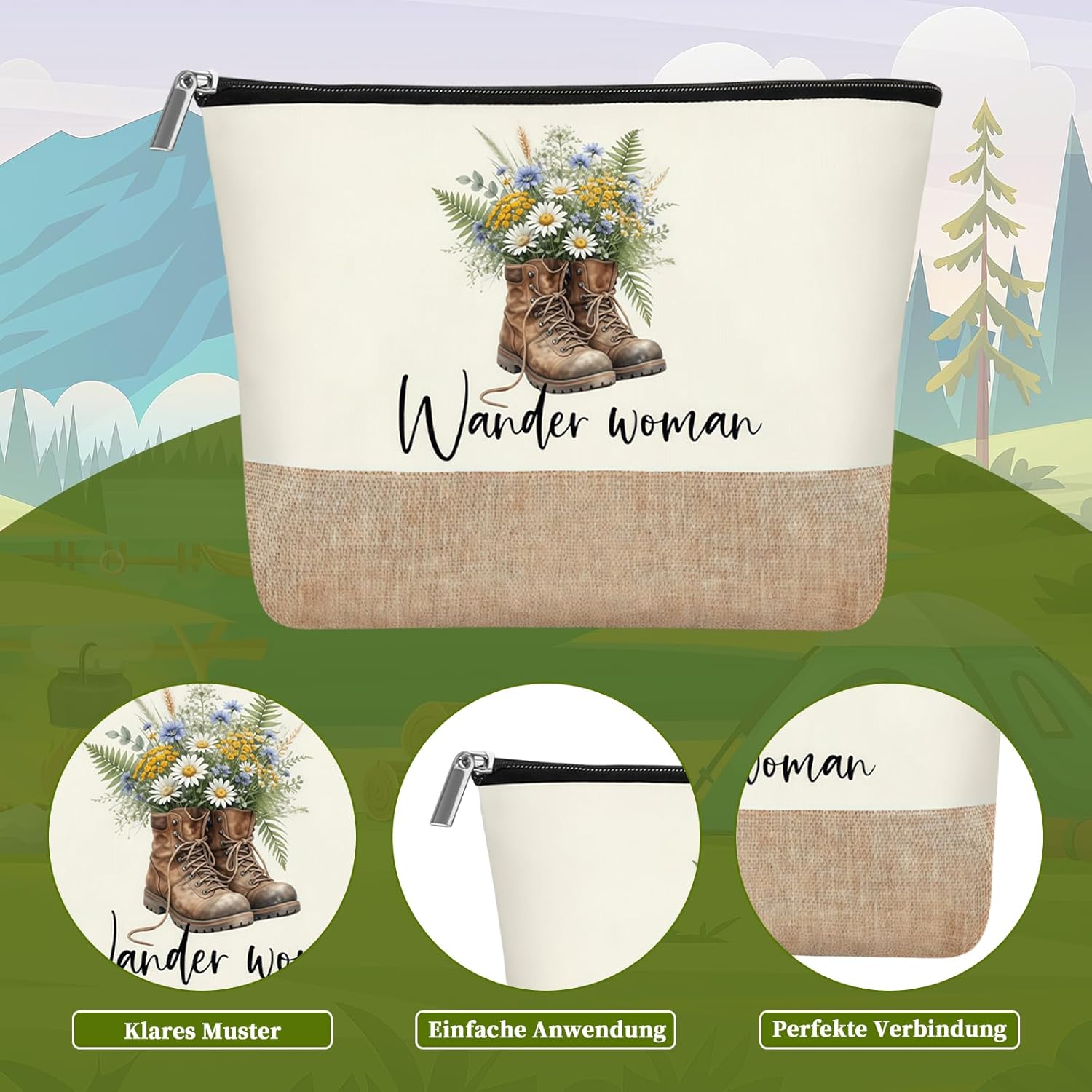 Wander-Set Damen 4-teilig: Kosmetiktasche, Sitzkissen, Kompass, Waermedecke