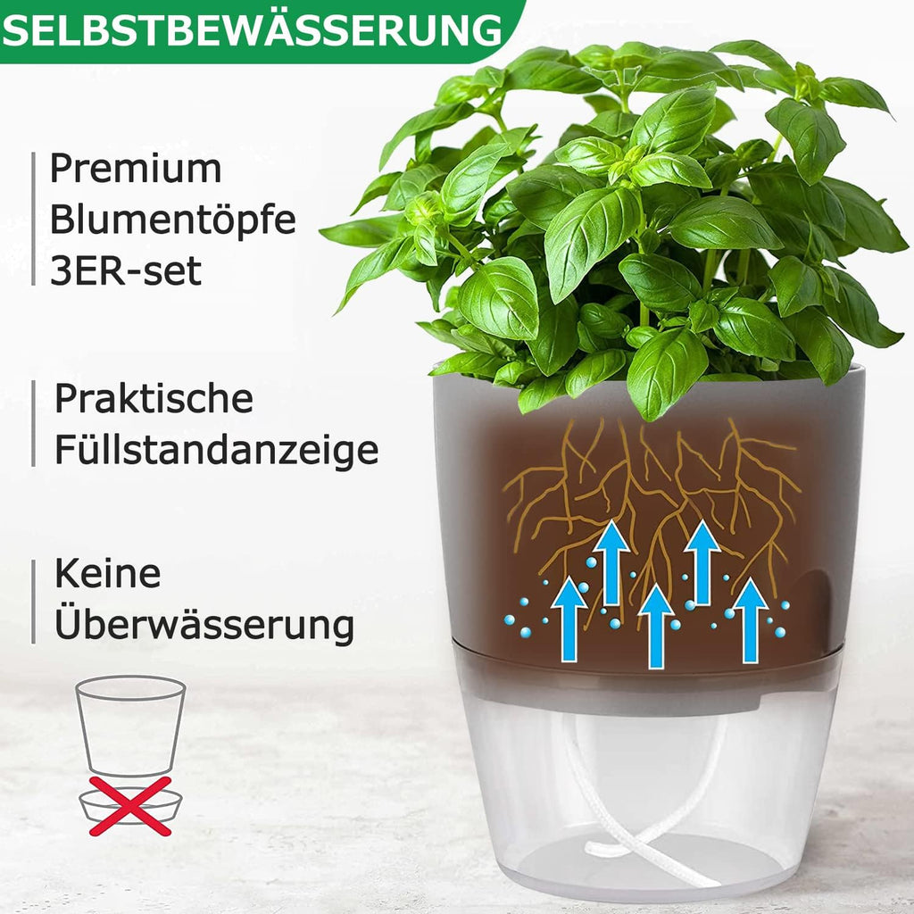 iDattel Selbstbewaessernder Kraeutertopf 3er Set Grau 18,2×11×15,3 cm