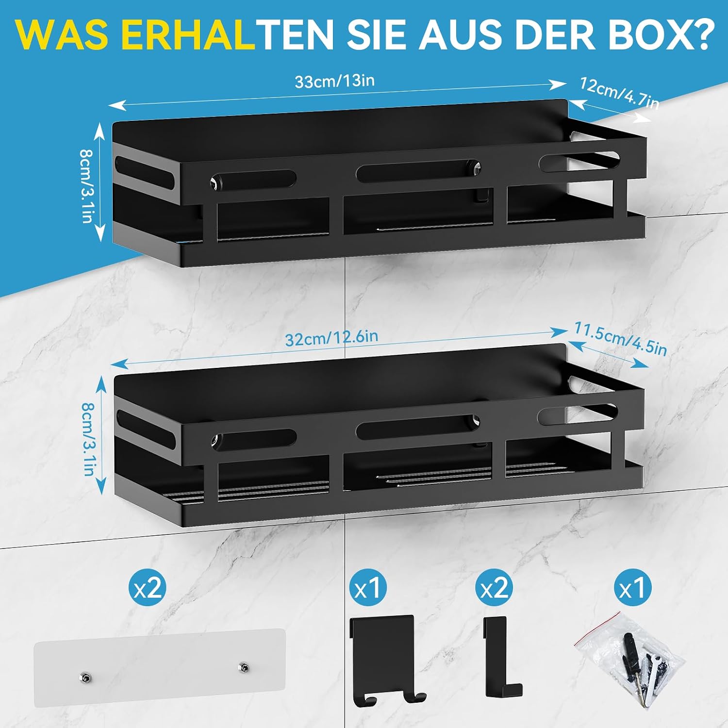 Duschablage zum Haengen Schwarz fuer Glasdusche 2 Koerbe Haken Glaswischer