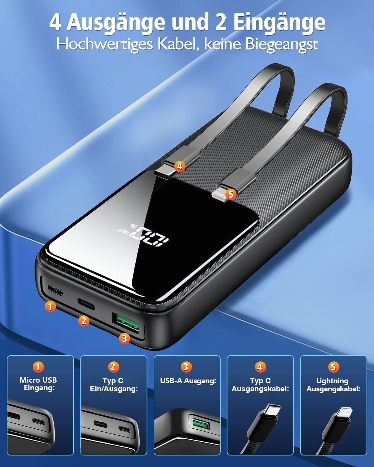 Powerbank 26800 mAh 22,5W USB-C Schnellladung 3 Anschluesse 2 Kabel Schwarz