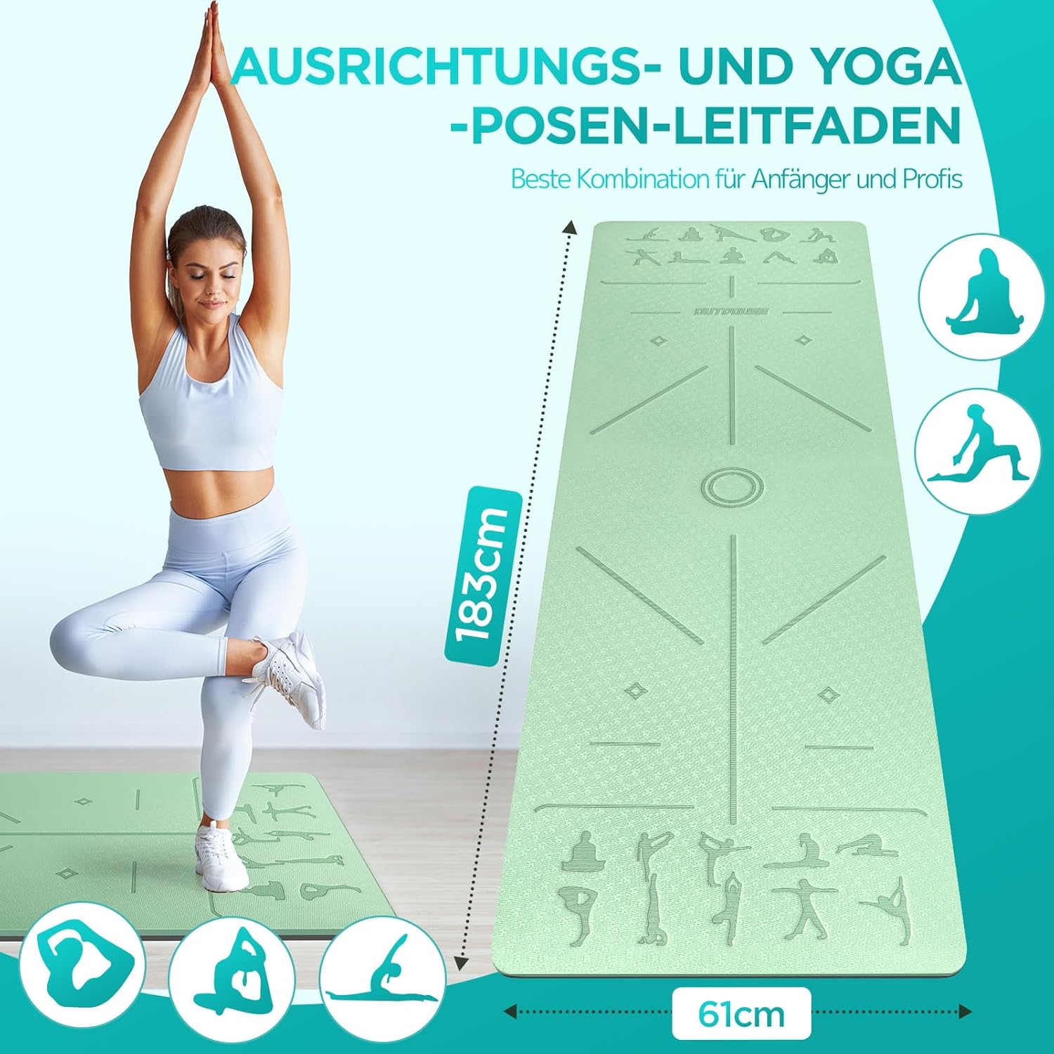 Yogamatte TPE 6 mm 183x61 cm rutschfest Fitnessmatte 181cm-183cm
