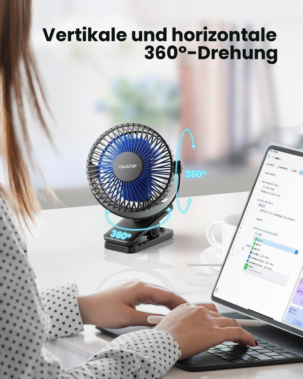 Gaiatop Mini USB-Tischventilator, Clip, Akku, 3 Geschwindigkeiten, Schwarz