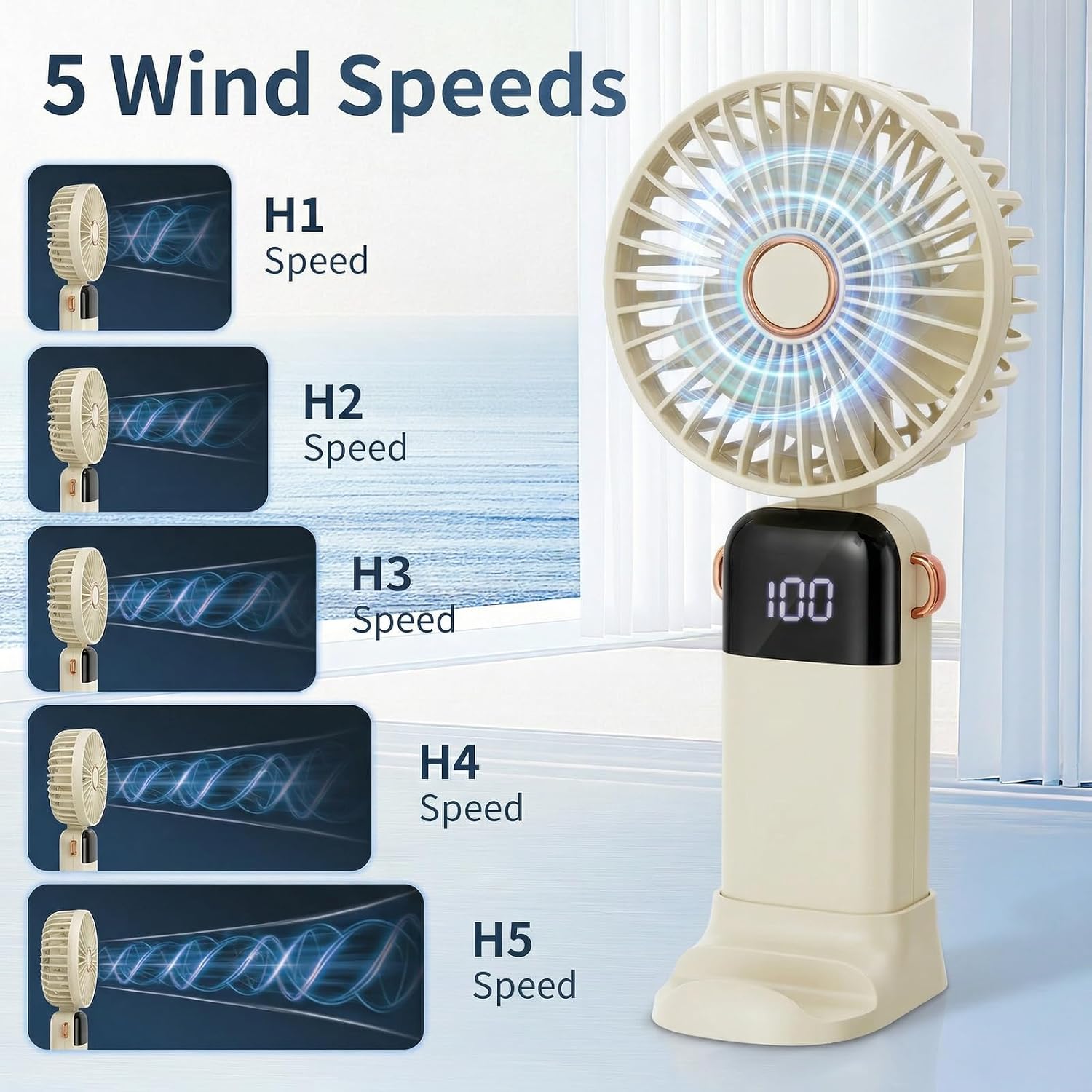 CNMTCCO Handventilator USB wiederaufladbar faltbar 5 Stufen mit Sockel Band