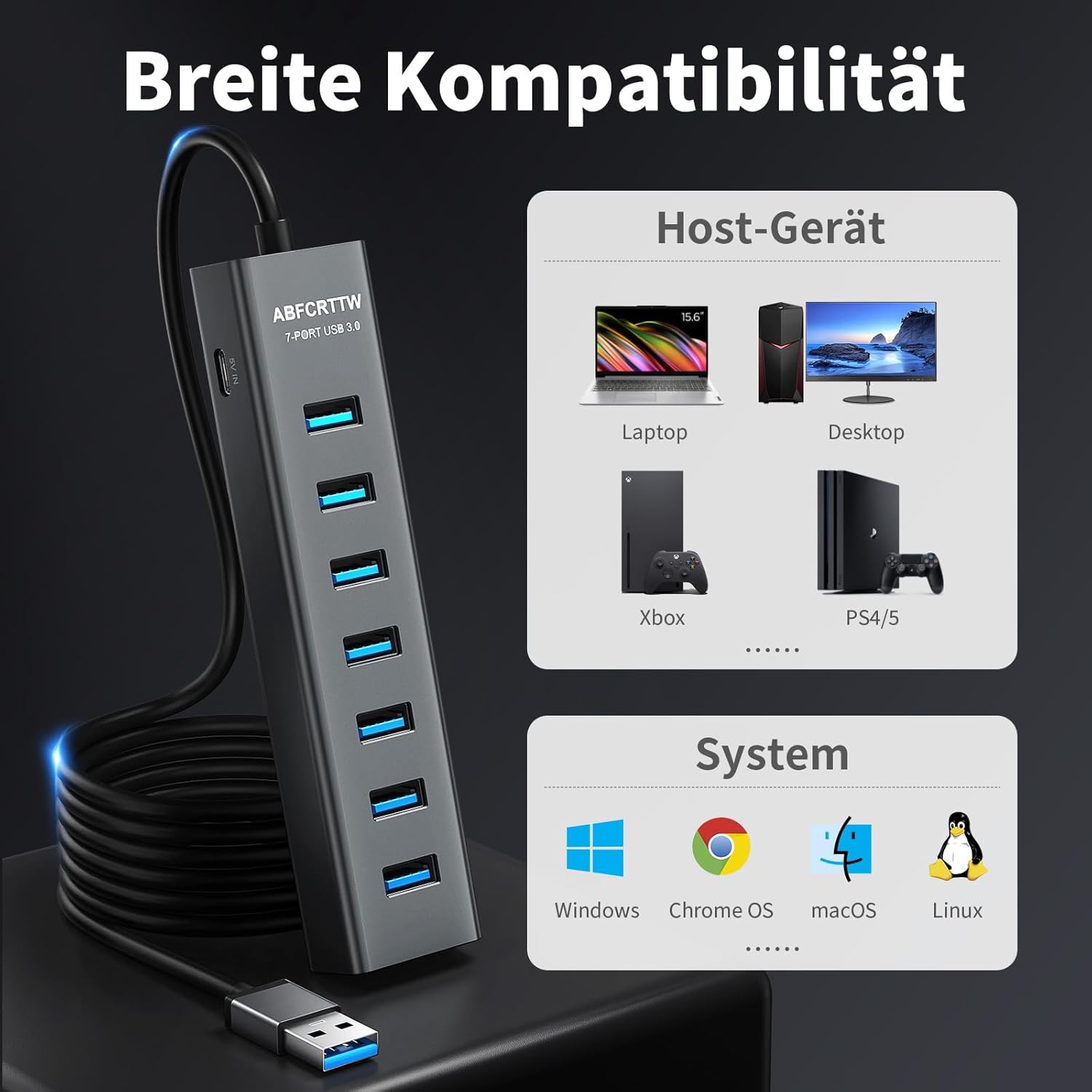 USB 3.0 Hub 7 Port Aluminium 5 Gbps Verteiler 30cm-180cm