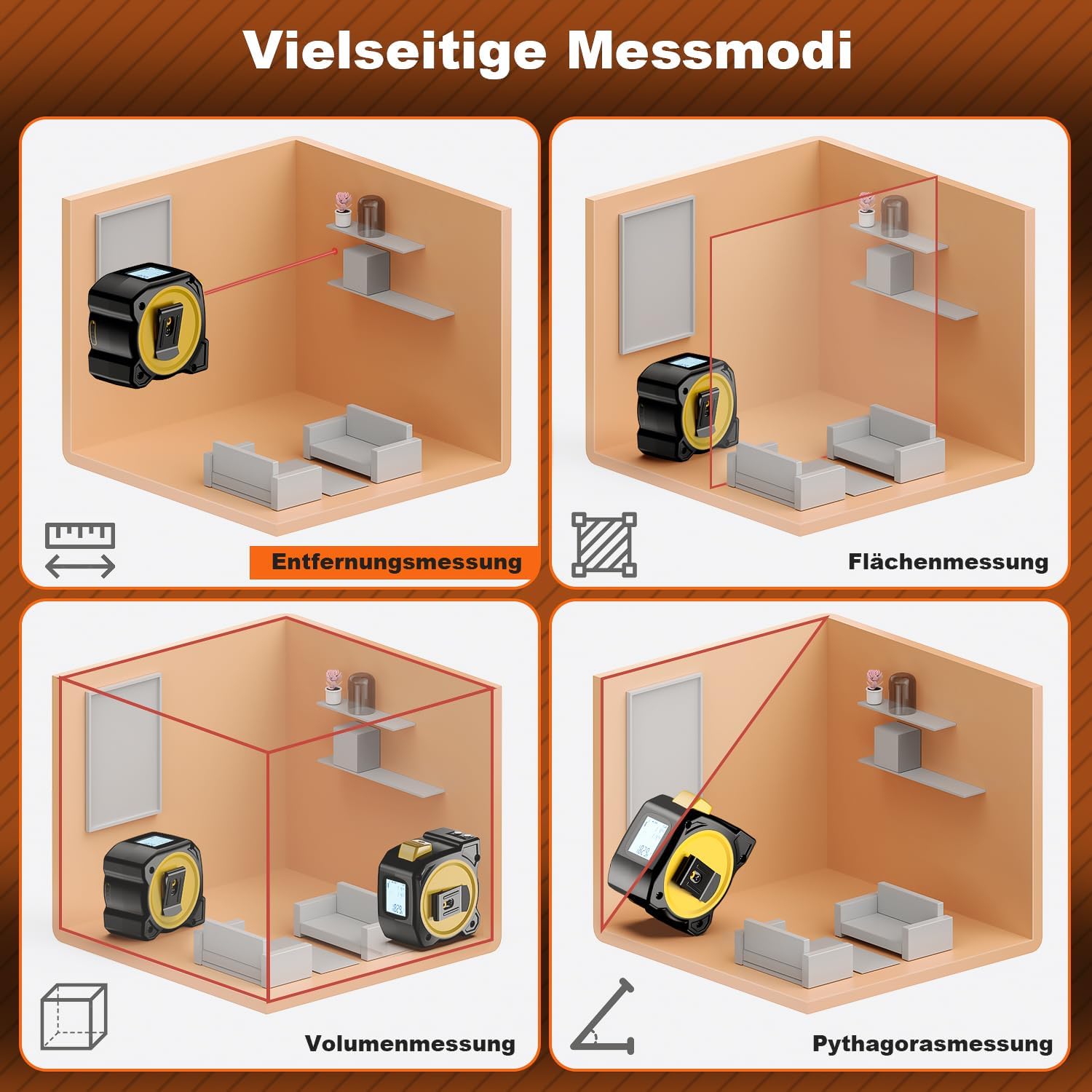 Laser-Entfernungsmesser 50 m mit 5 m Stahlmassband, Flaechen Volumen Pythagoras, L