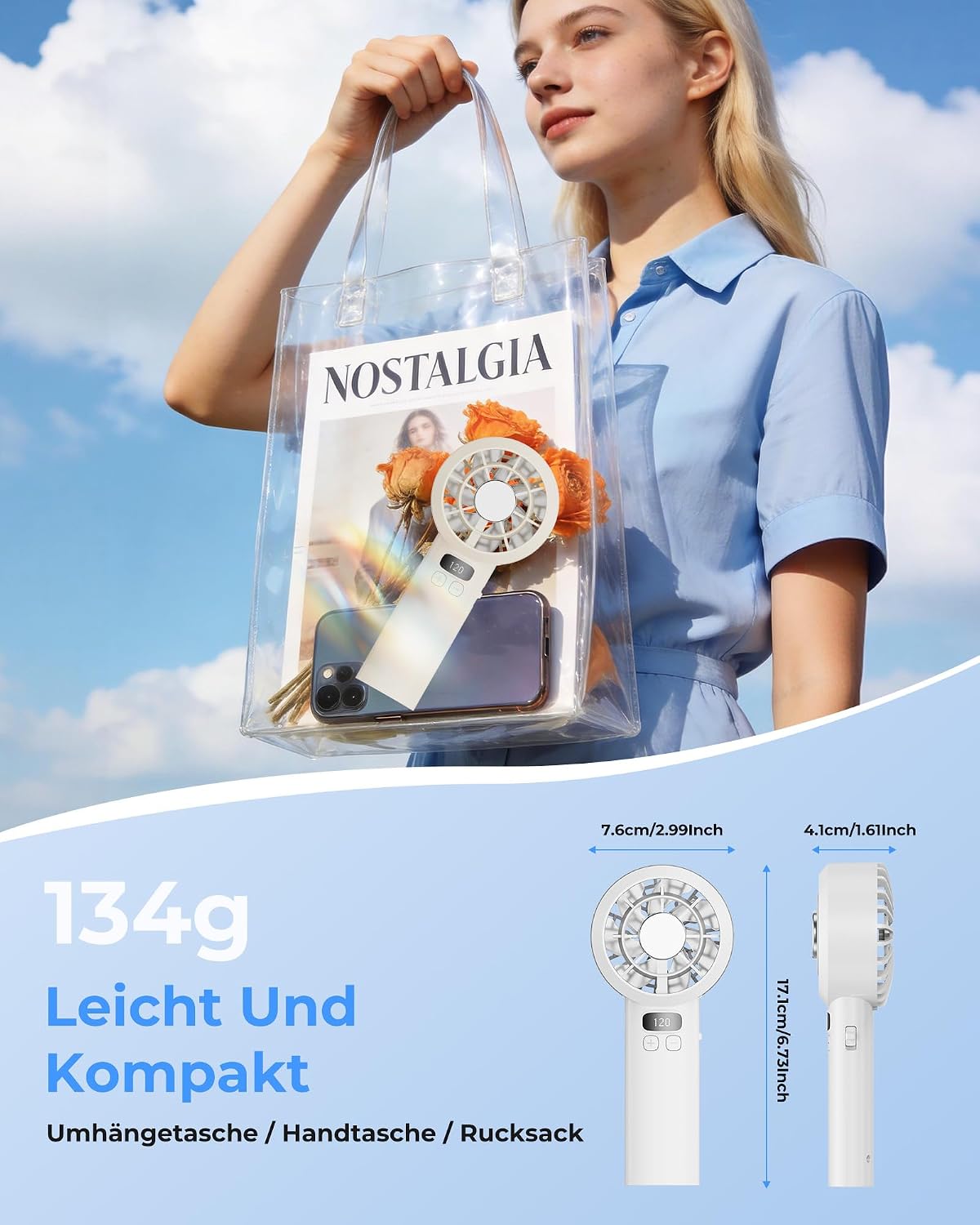 USB Mini Handventilator 7000 RPM, 120 Stufen, 3000mAh Akku, LED-Display