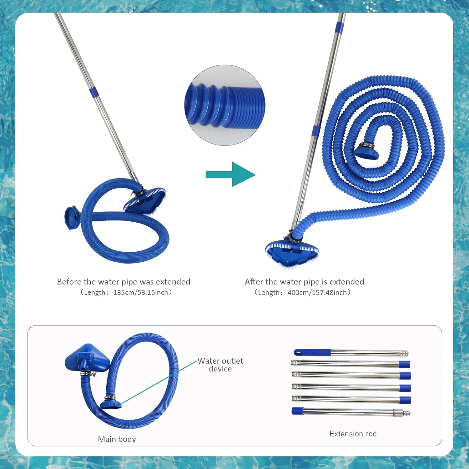 Poolsauger Bodensauger mit 4 m Edelstahl-Schlauch, Poolbuerste, manuell