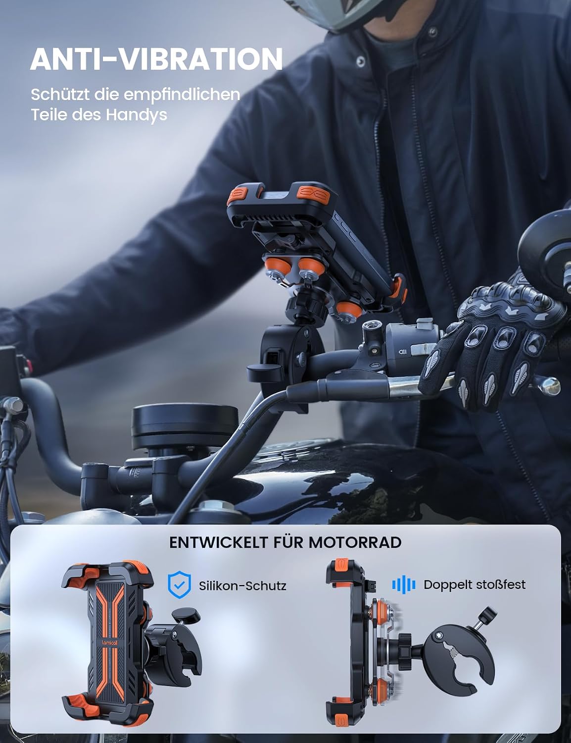 Motorrad Handyhalterung mit Vibrationsdaempfer 360° Lenkerhalter