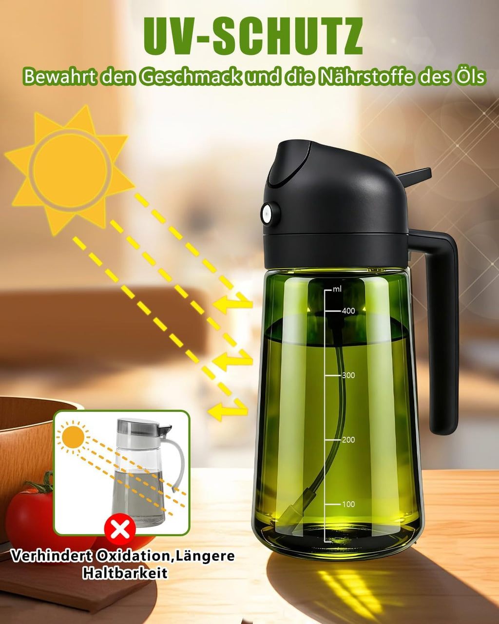 2in1 Oelsprueher 470 ml mit UV-Schutz fuer Kochen Grill Heissluftfritteuse