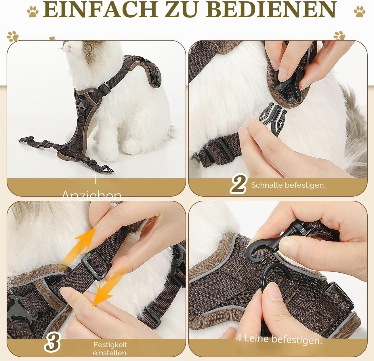 VavoPaw Katzen-Geschirr verstellbar XS-XL mit Leine, atmungsaktiv, reflektierend