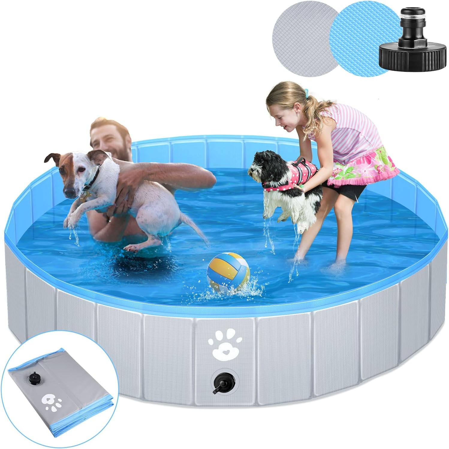 Hundepool faltbar 140 cm Grau, verstaerkte 5 mm, tragbar, 120cm-180cm