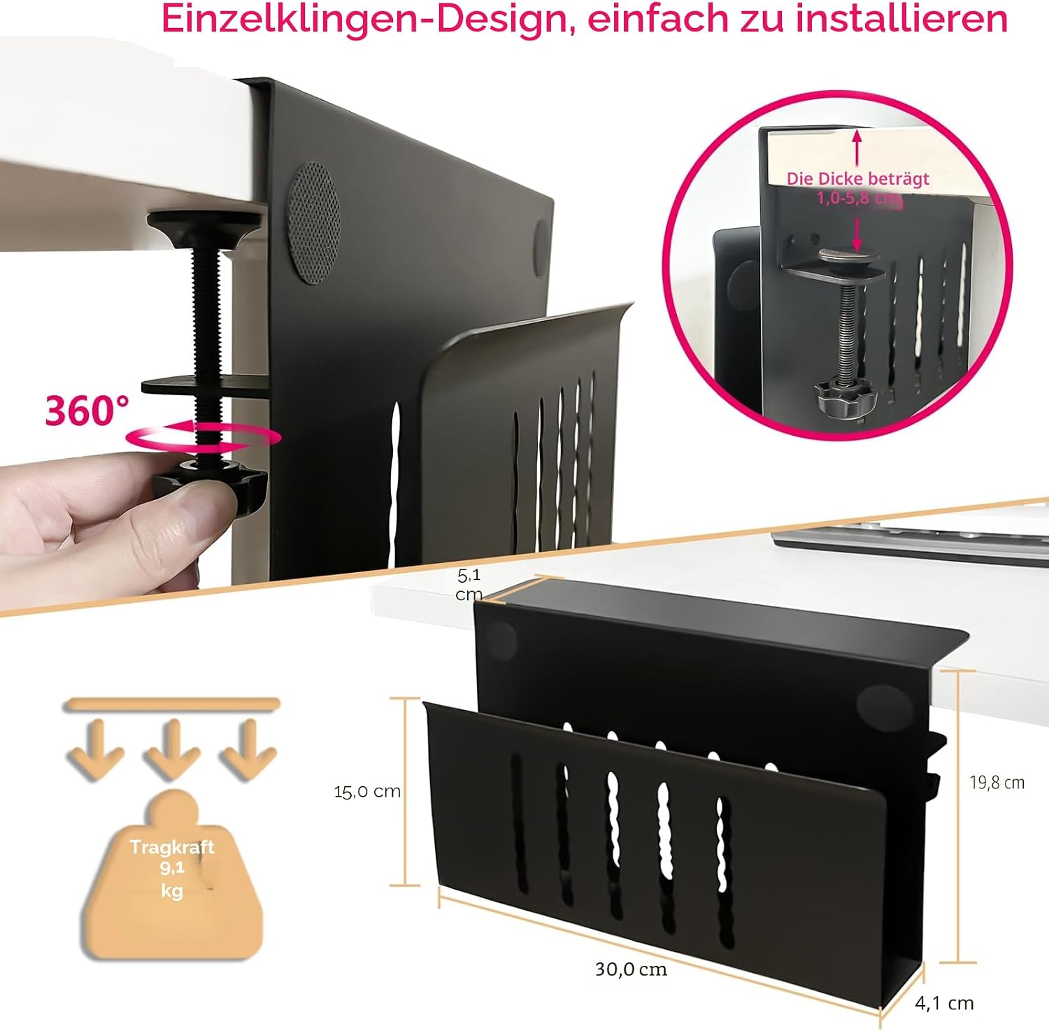 Laptophalter zum Einhaengen unter Tisch Stahl schwarz Schreibtisch Organizer