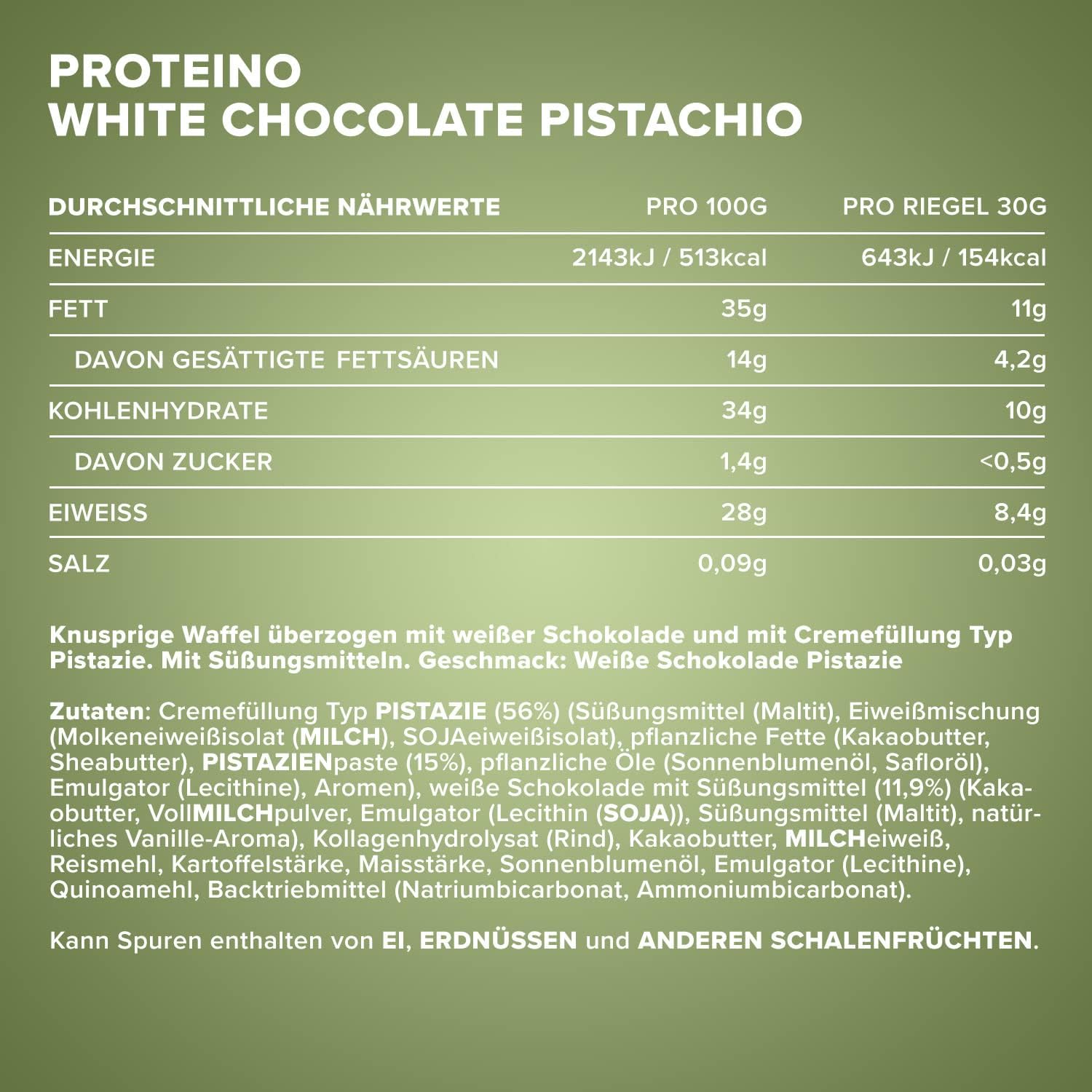 Proteino Protein Riegel White Chocolate Pistachio Protein verschieden