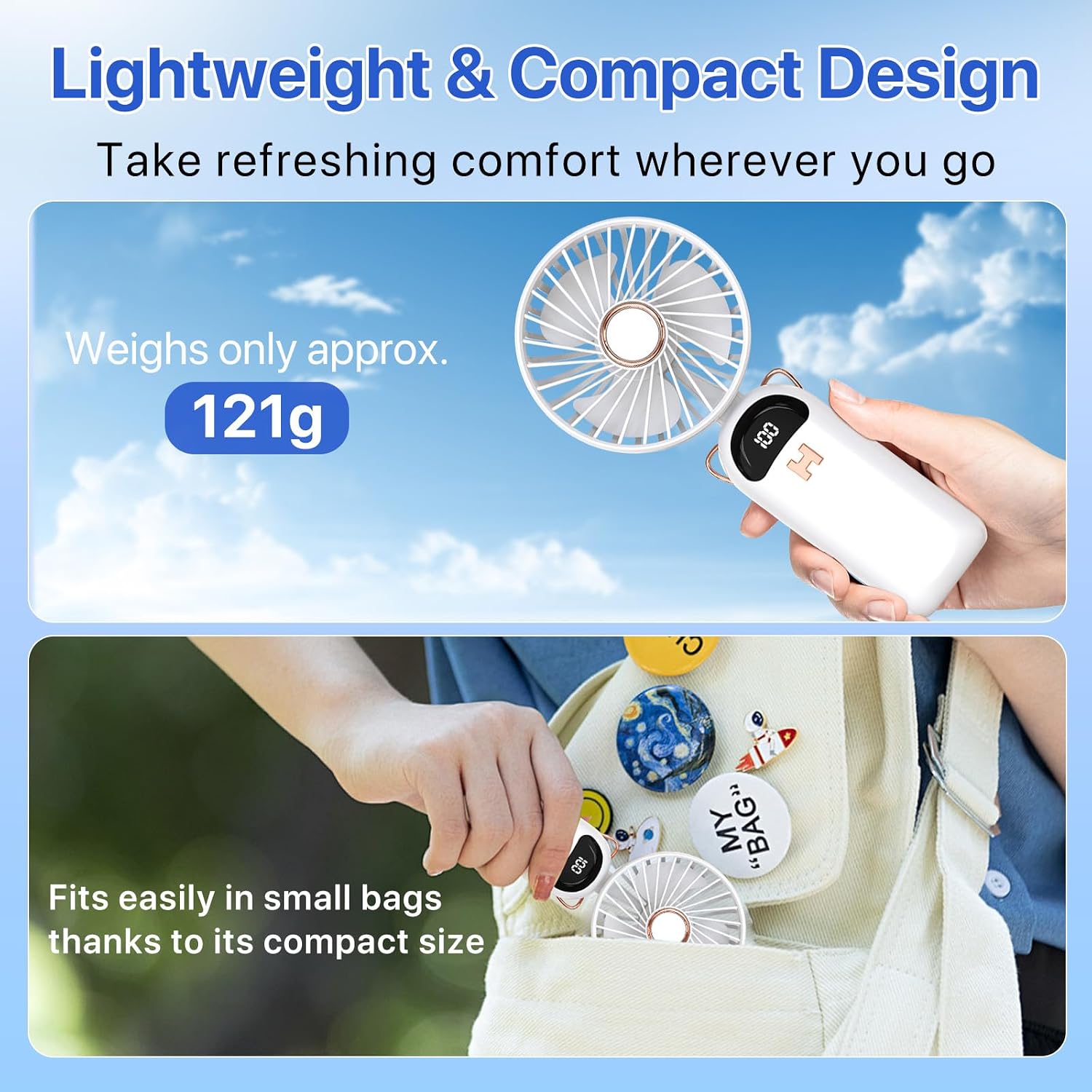 Tragbarer Mini Handventilator Akku USB wiederaufladbar faltbar Weiss