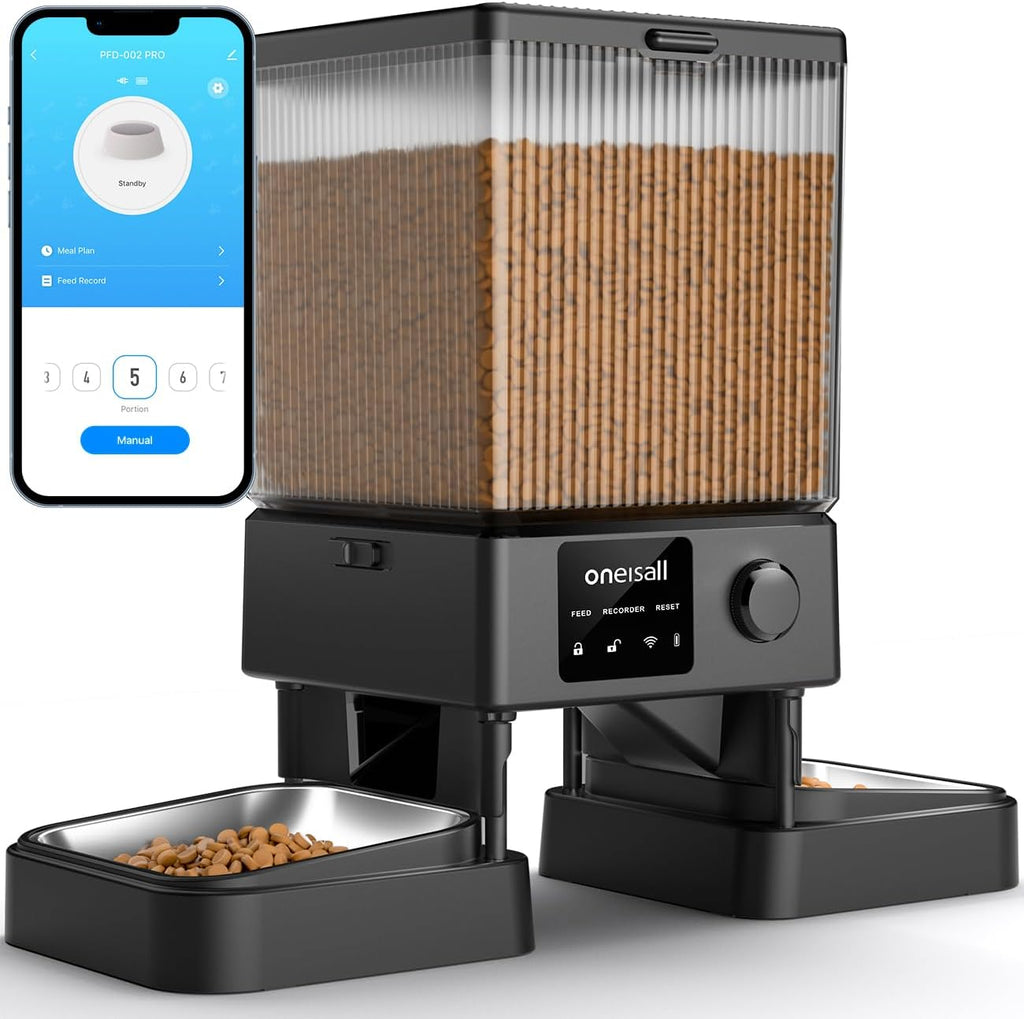 oneisall Katzenfutterautomat mit 2 Edelstahlnaepfen, App & Sprachaufnahme
