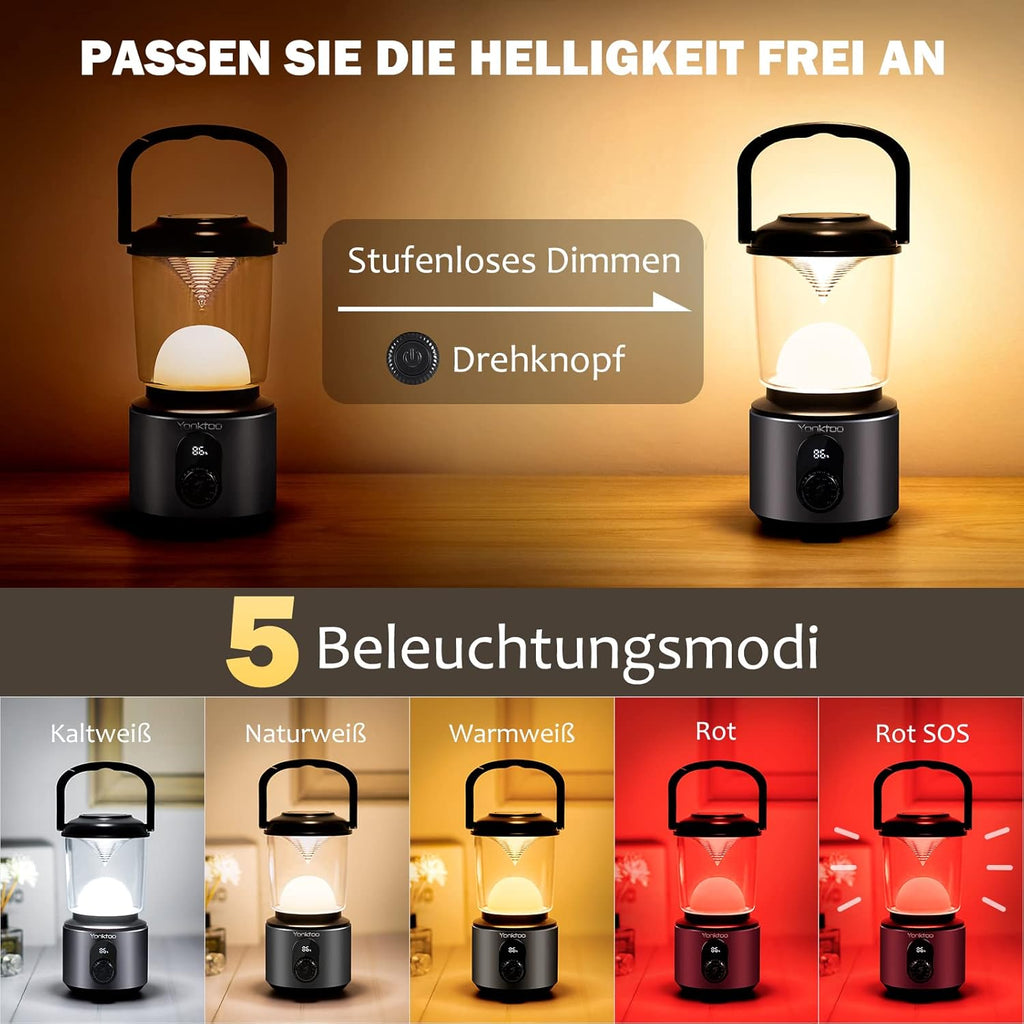 Yonktoo Campinglampe USB‑C 10400 mAh LED mit rotem Licht, LCD, IPX5