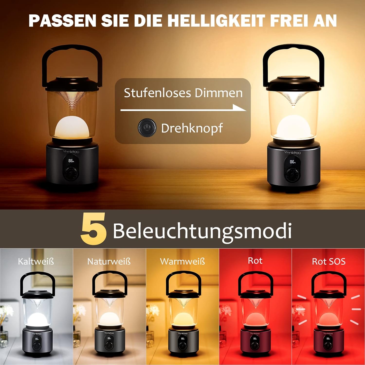 Yonktoo Campinglampe USB‑C 10400 mAh LED mit rotem Licht, LCD, IPX5