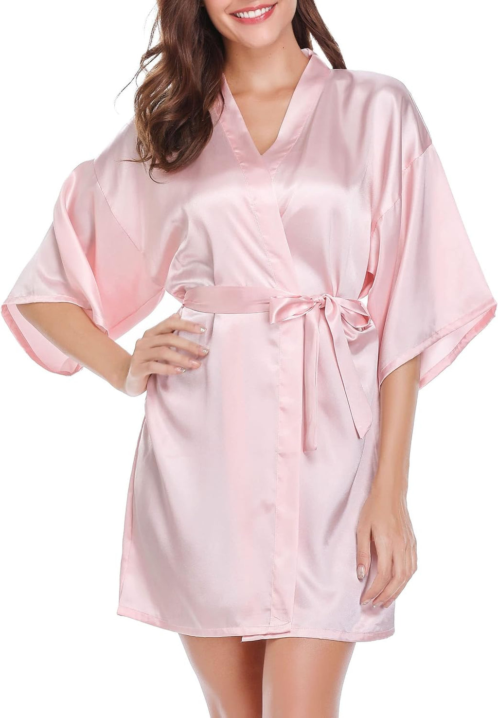 Vlazom Satin Kimono Damen kurz V‑Ausschnitt mit Guertel S-XXL