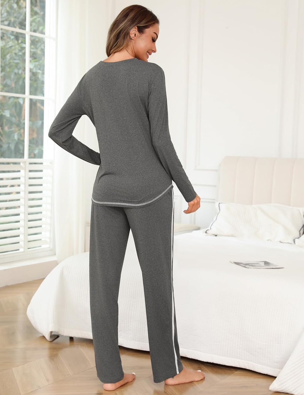 Damen Schlafanzug lang Baumwolle Pyjama Set mit Print und Taschen S-XXL
