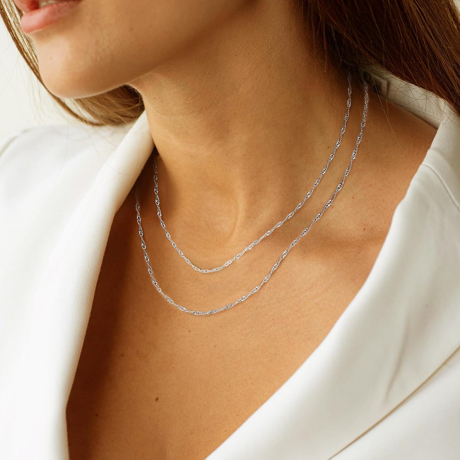 CASSIECA Damen 2er Set Silber Ketten Layered Singapur- und Popcornkette